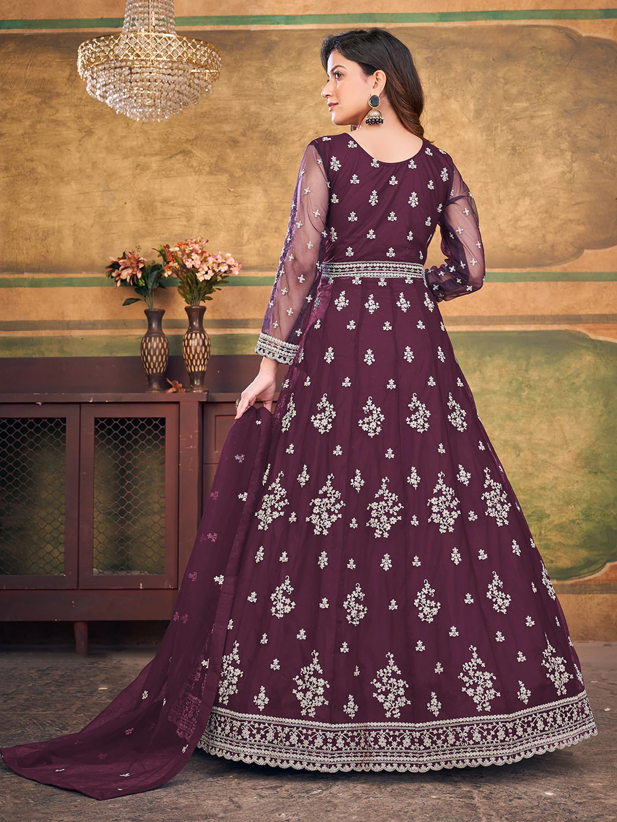 Odette Purple Net Embroidered Semi stitched Kurta Set with Inner For Women - Image 3