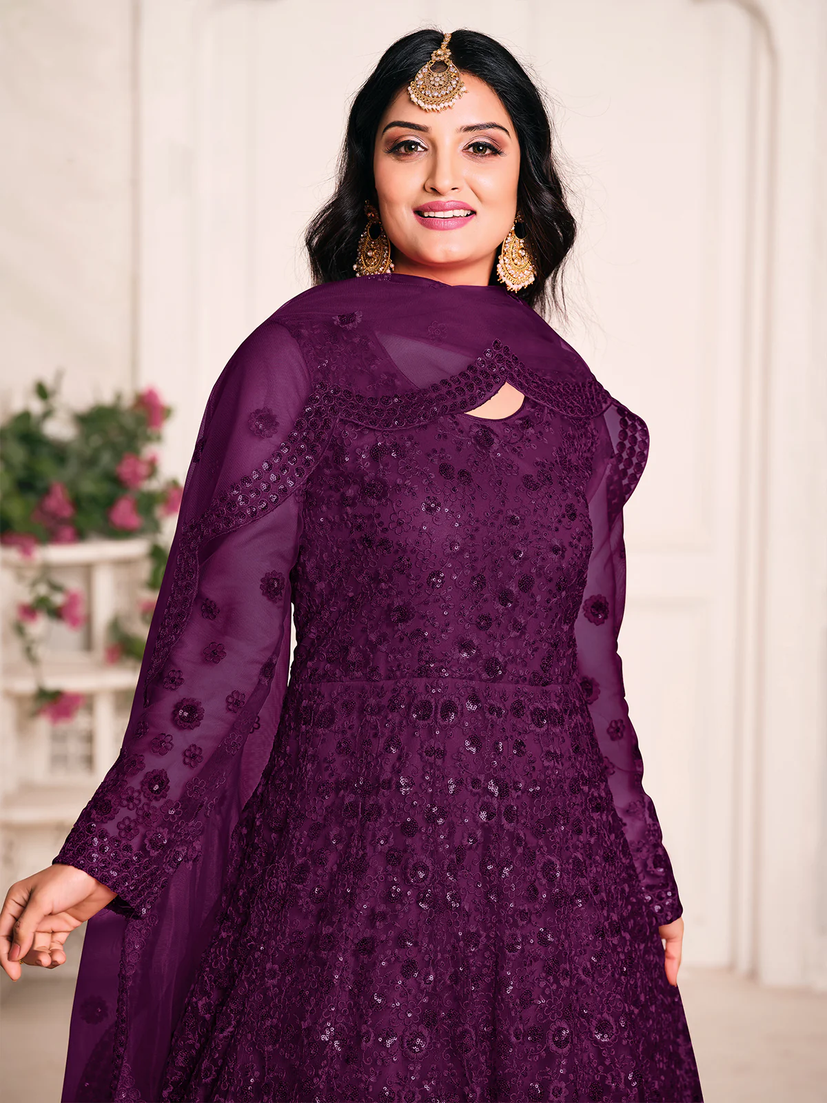 Odette Purple Net Embroidered Semi stitched Kurta Set with Inner For Women - Image 3
