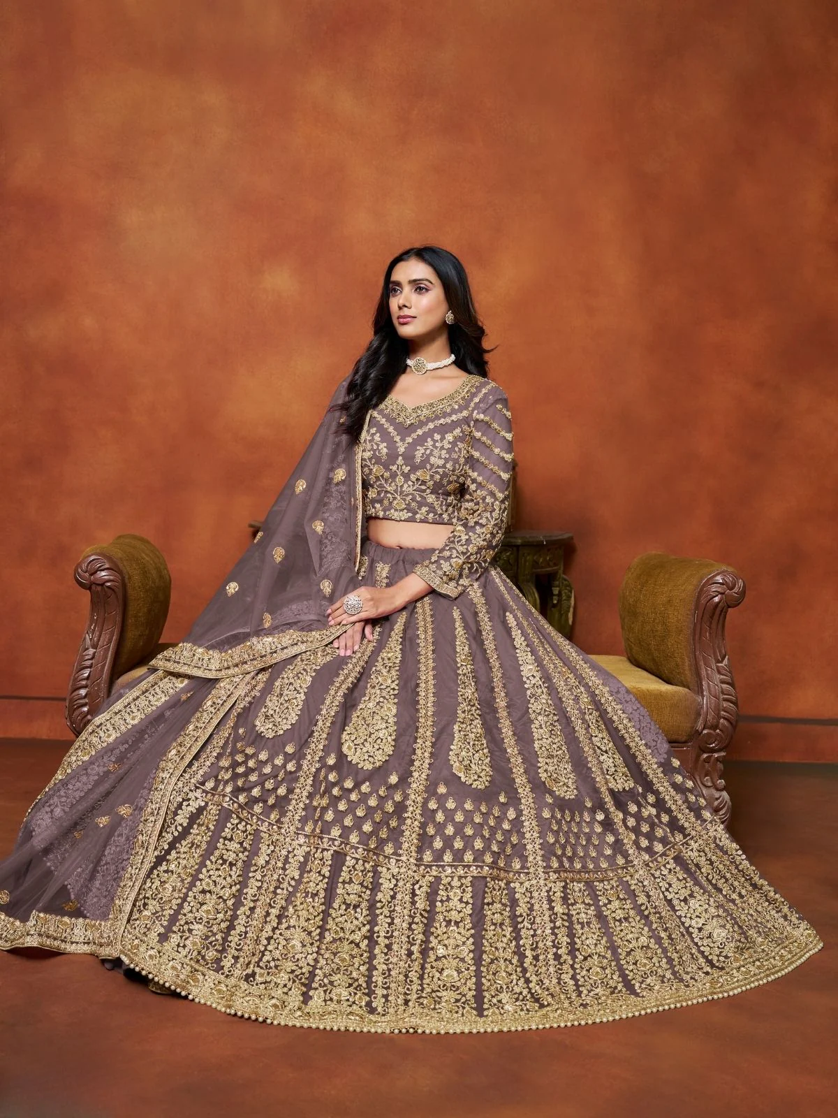 Odette Purple Net Embroidered Semi-Stitched lehenga For Women - Image 2