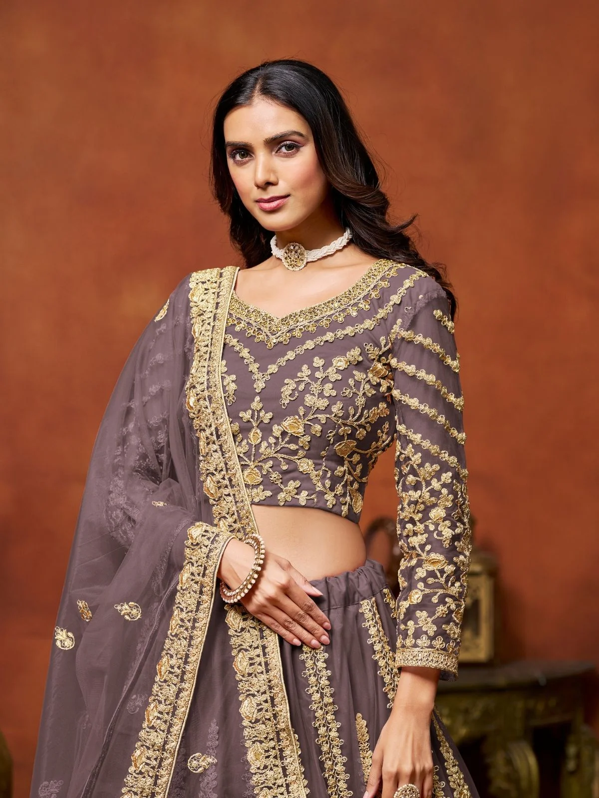 Odette Purple Net Embroidered Semi-Stitched lehenga For Women - Image 3
