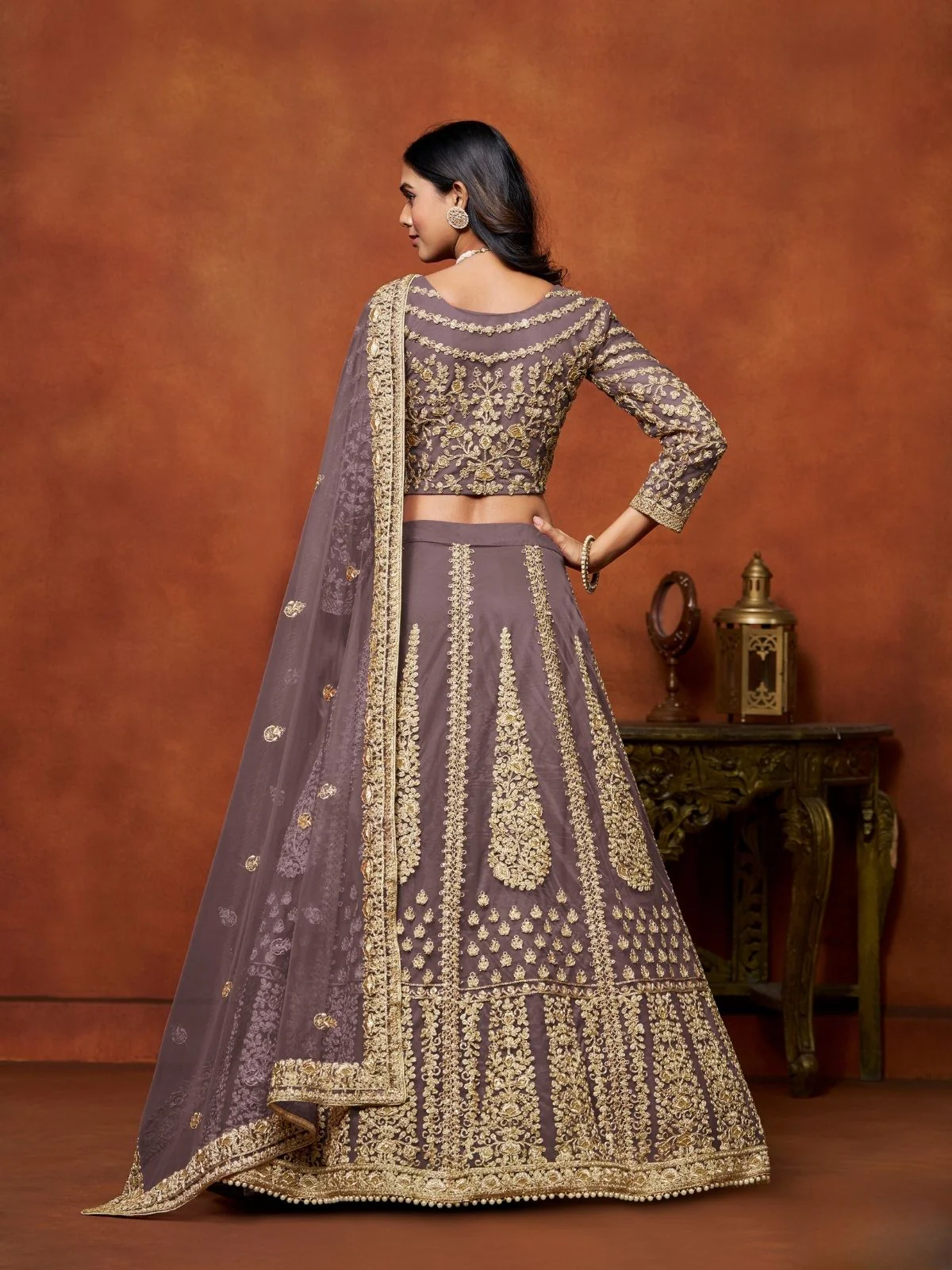 Odette Purple Net Embroidered Semi-Stitched lehenga For Women - Image 4