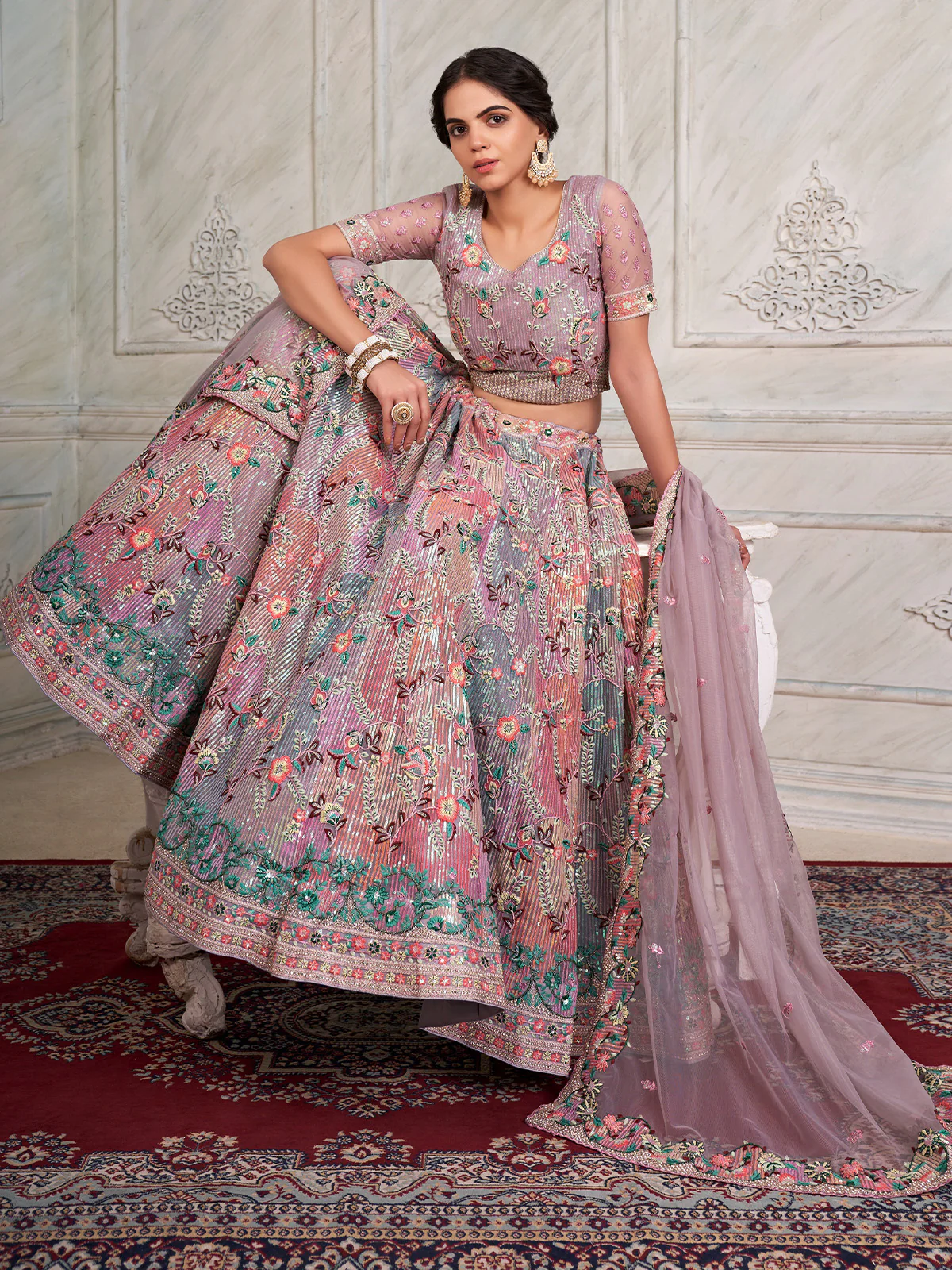 Odette Purple Net Embroidered Semi Stitched Lehenga With Unstitched Blouse for Women - Image 3