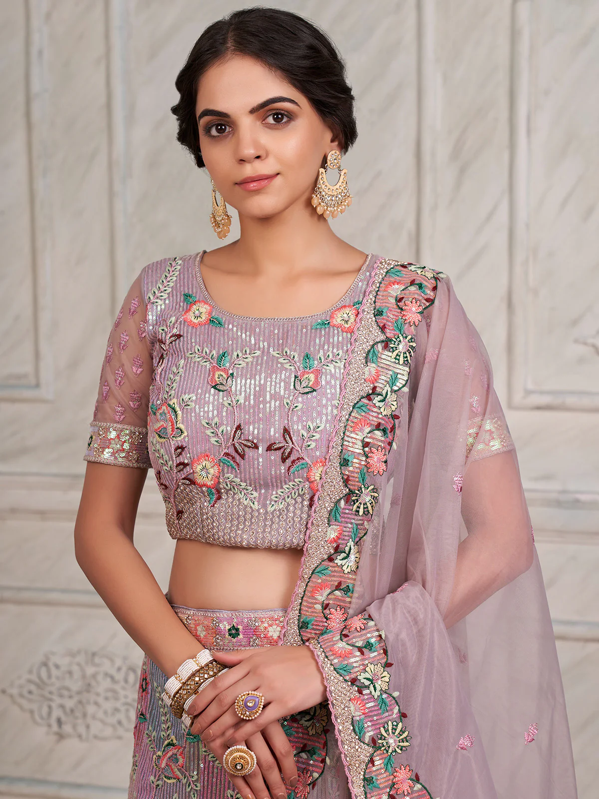 Odette Purple Net Embroidered Semi Stitched Lehenga With Unstitched Blouse for Women - Image 5
