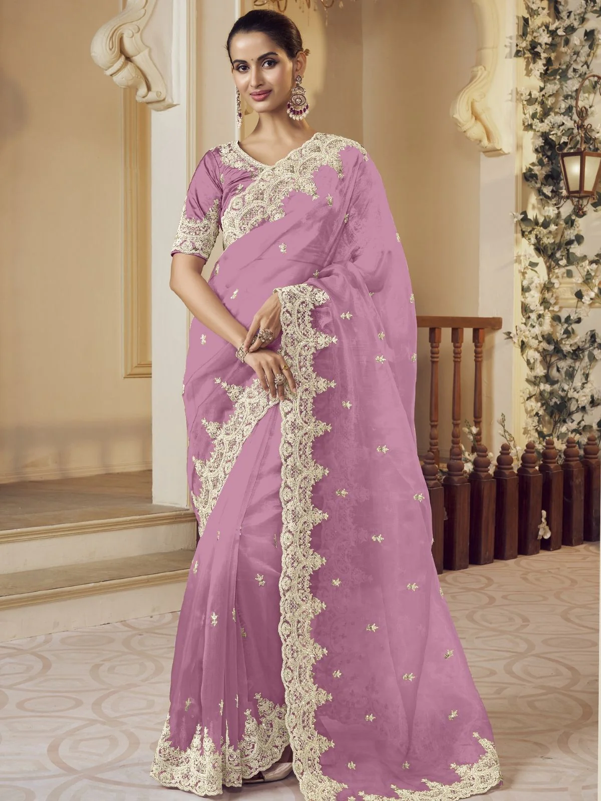 Odette Purple Organza Embellished Elegant Saree For Women