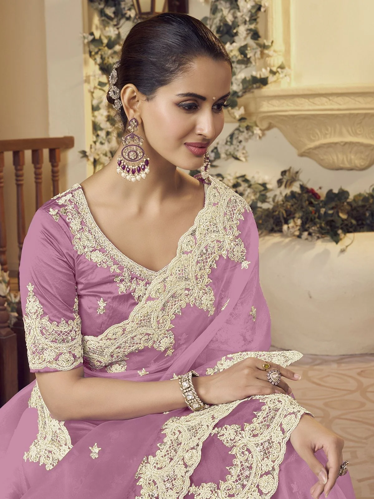 Odette Purple Organza Embellished Elegant Saree For Women - Image 2