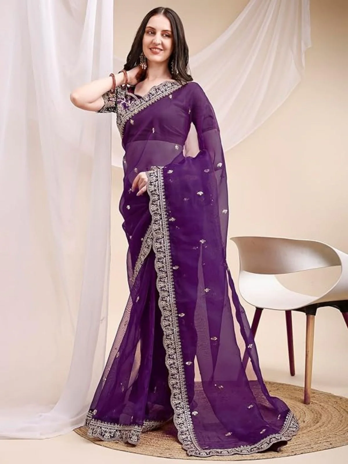 Odette Purple Organza Embellished Solid Saree For Women