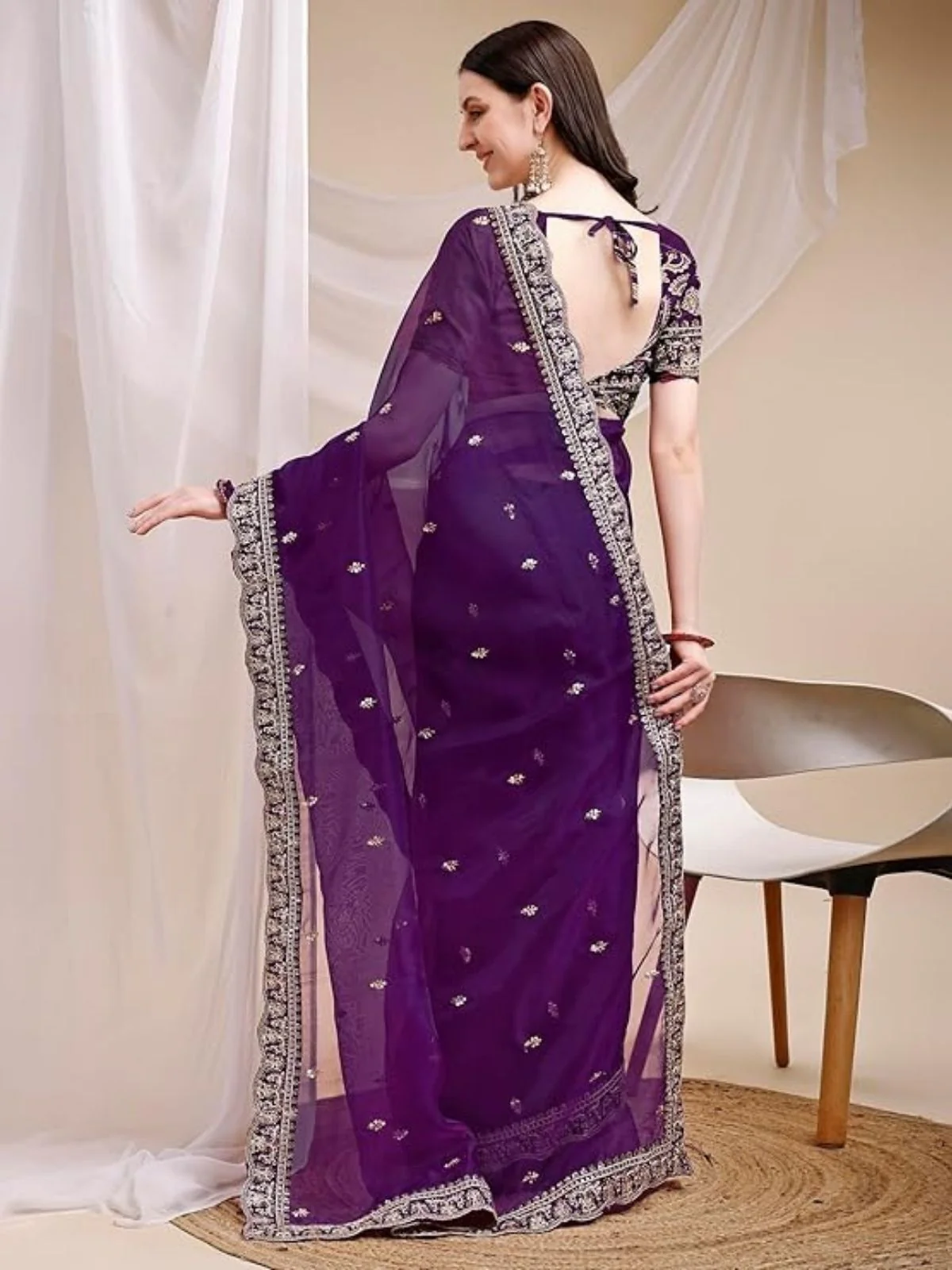 Odette Purple Organza Embellished Solid Saree For Women - Image 2