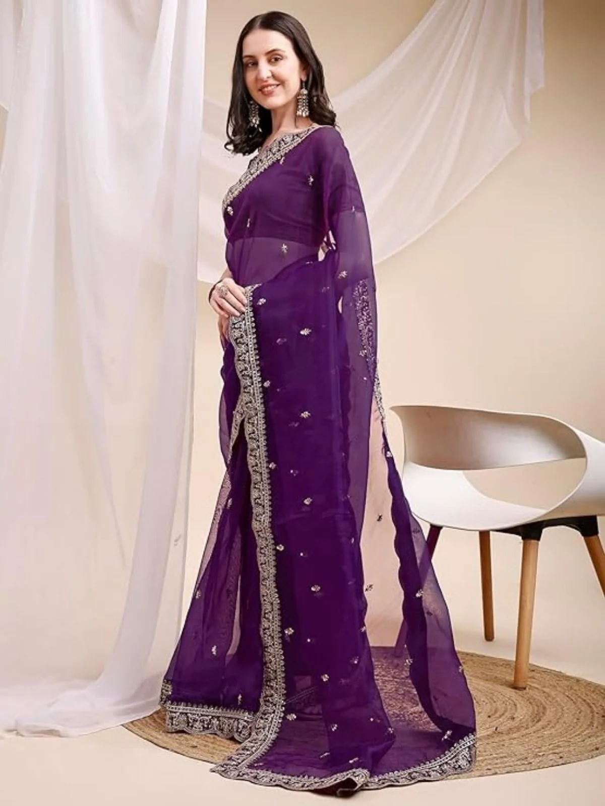 Odette Purple Organza Embellished Solid Saree For Women - Image 3