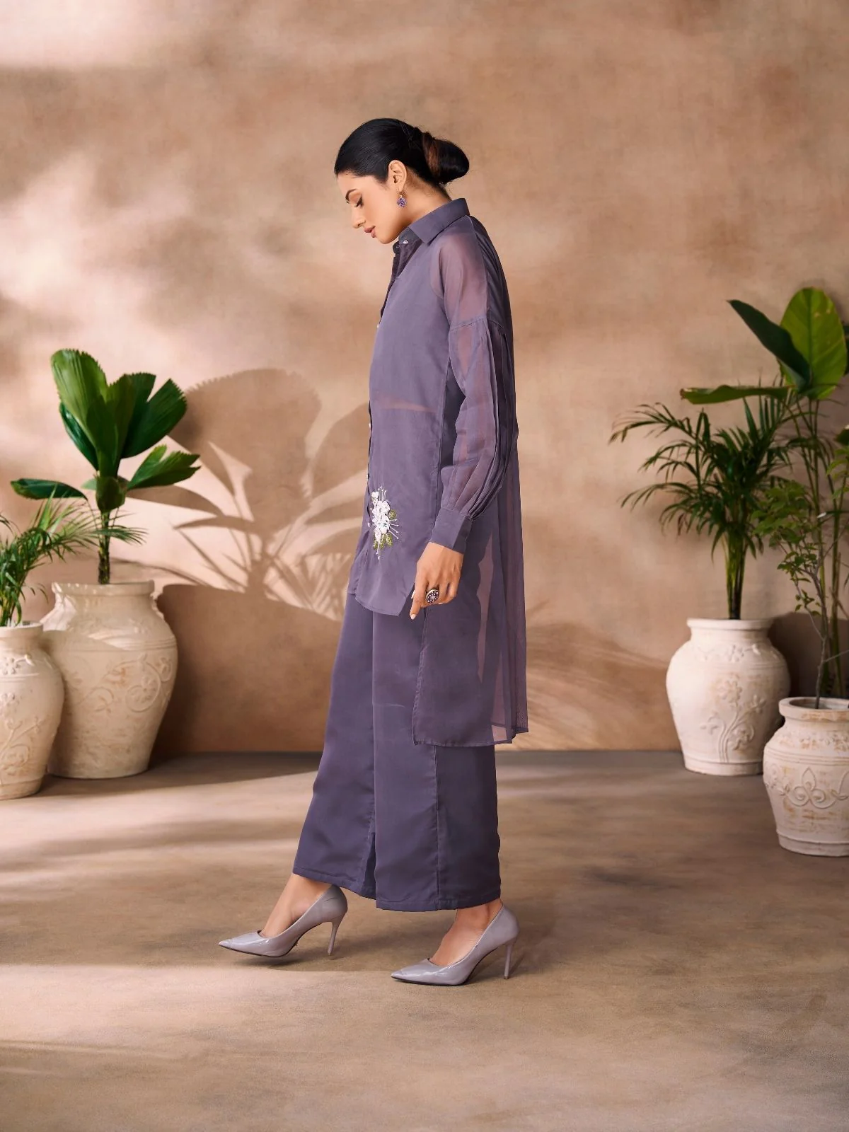 Odette Purple Organza Embroidered Co-Ord Set For Women - Image 2