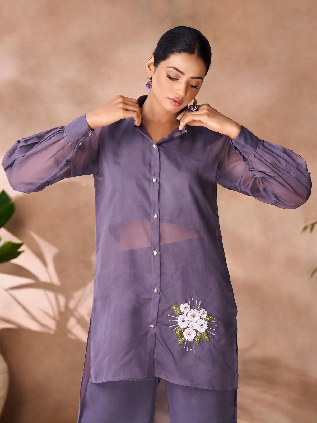 Odette Purple Organza Embroidered Co-Ord Set For Women - Image 3
