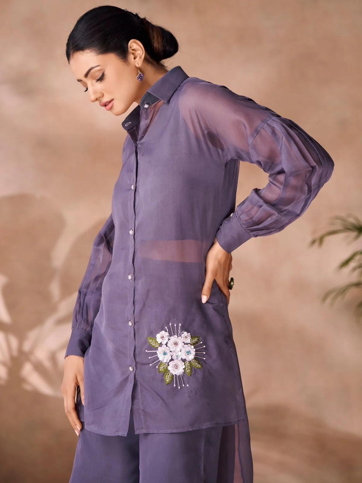 Odette Purple Organza Embroidered Co-Ord Set For Women - Image 4