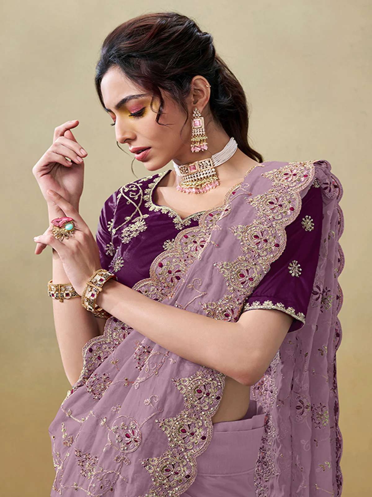 Odette Purple Organza Embroidered Saree With Unstitched Blouse For Women - Image 2