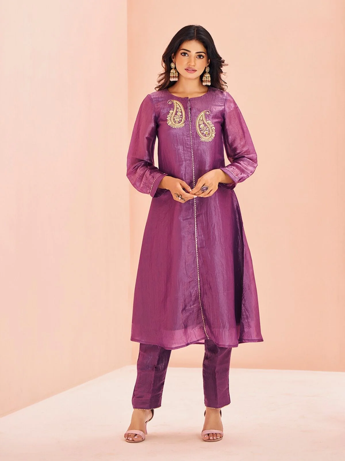 Odette Purple Organza Embroidered Stitched Kurta Set For Women