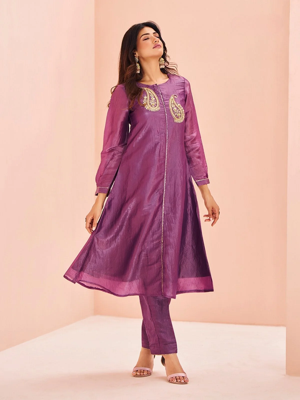 Odette Purple Organza Embroidered Stitched Kurta Set For Women - Image 2