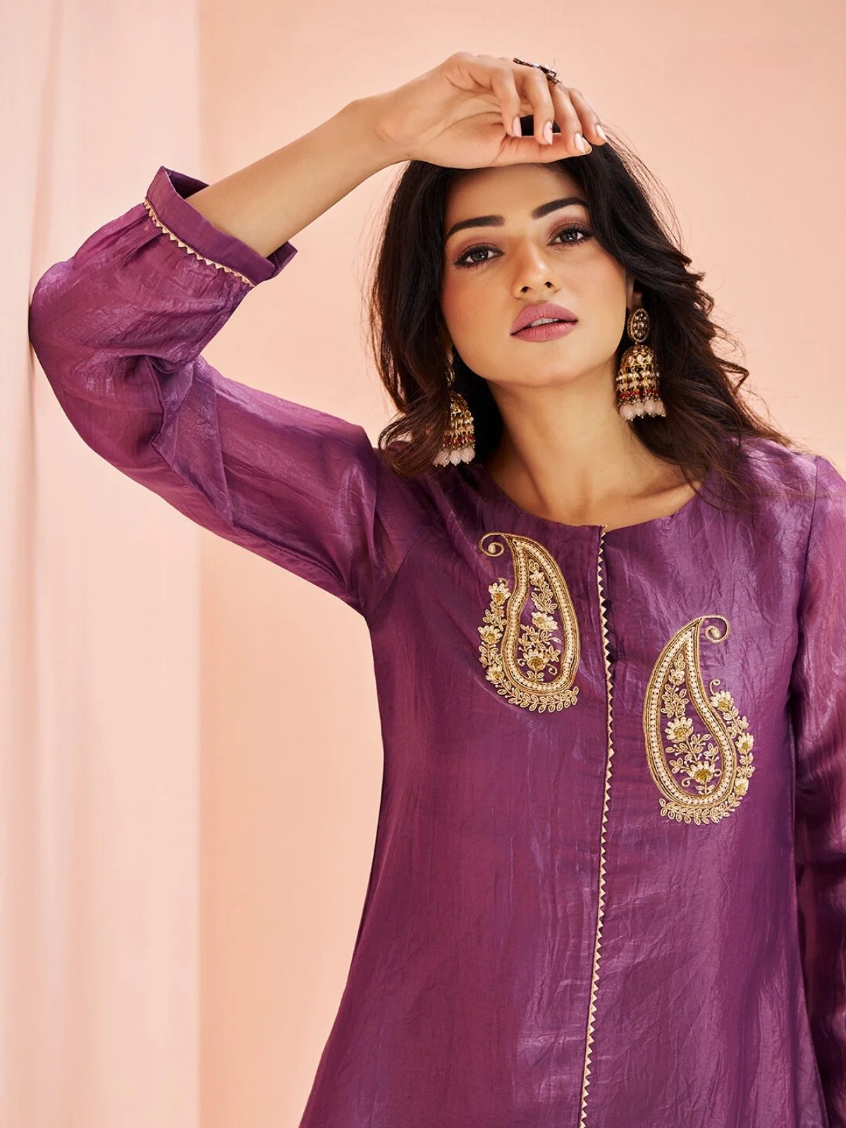 Odette Purple Organza Embroidered Stitched Kurta Set For Women - Image 6