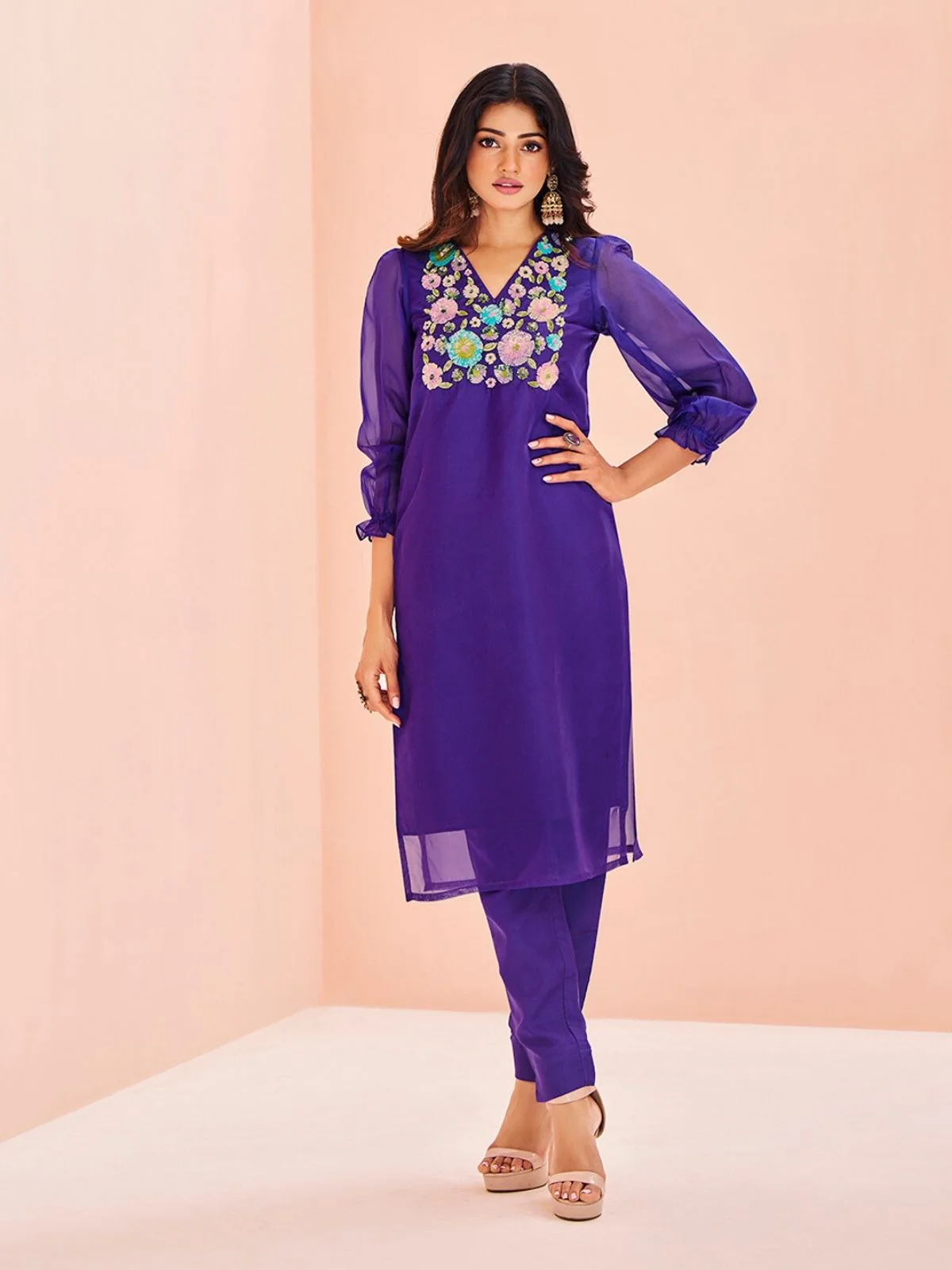 Odette Purple Organza Embroidered Stitched Kurta Set For Women