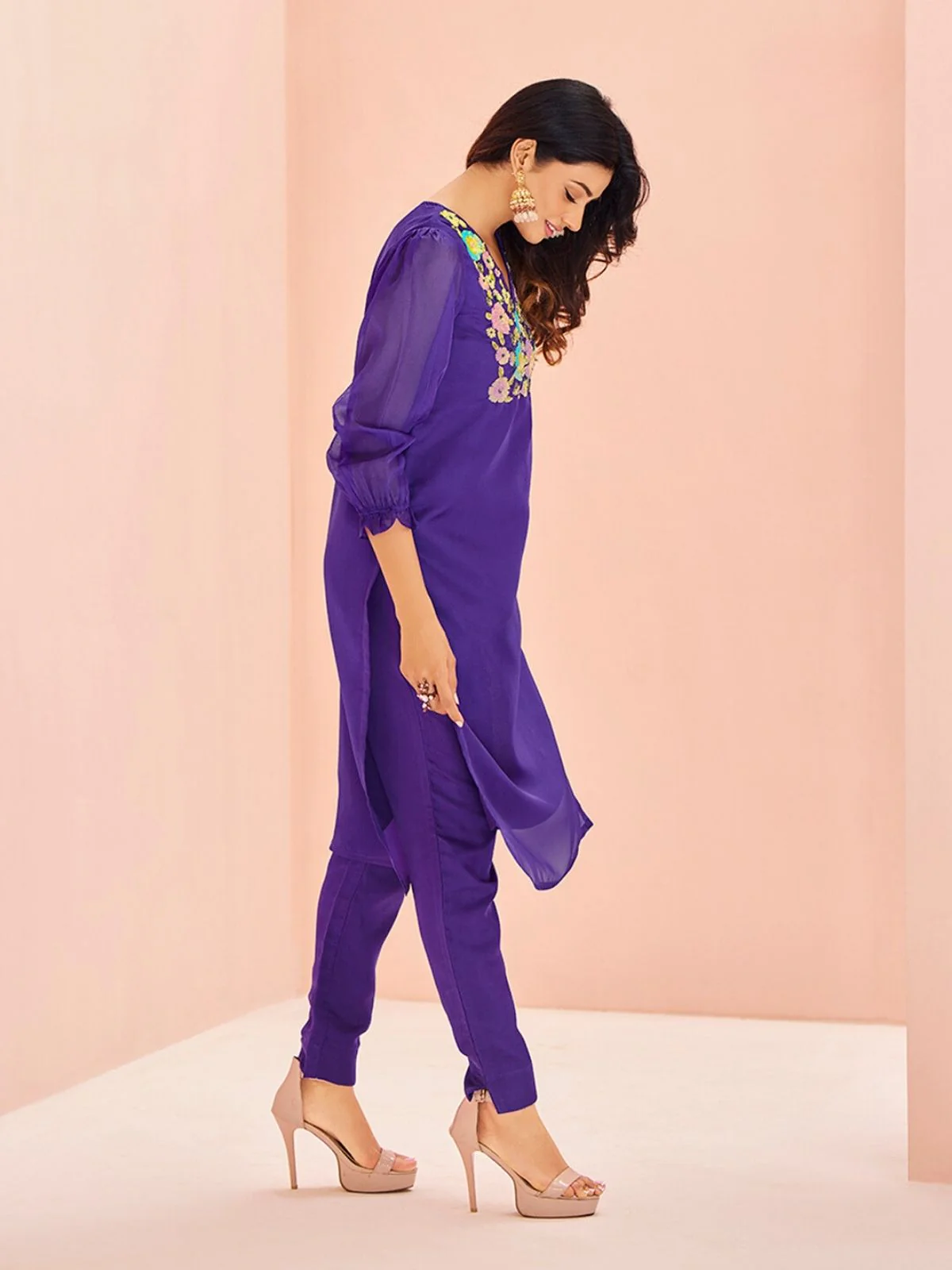 Odette Purple Organza Embroidered Stitched Kurta Set For Women - Image 3