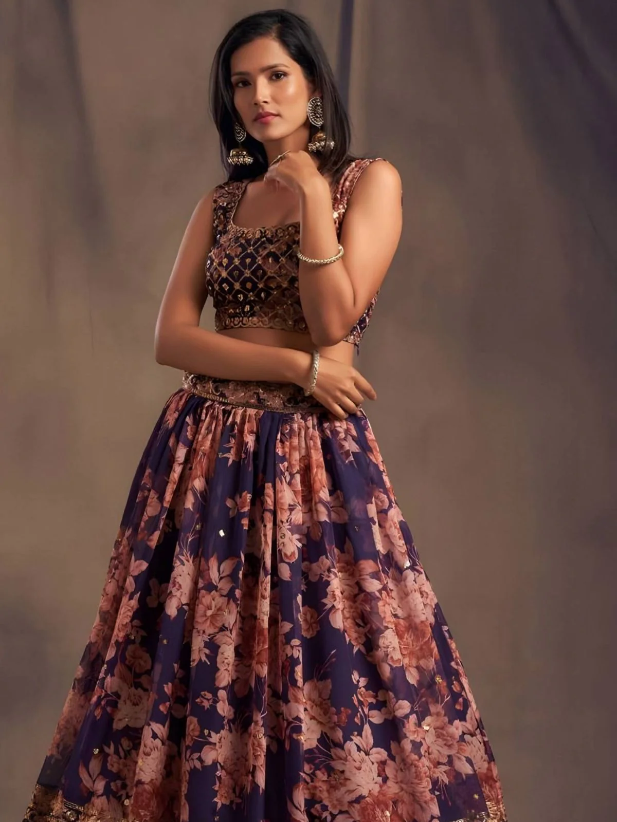 Odette Purple Organza Printed And Embriodered Semi-Stitched Lehenga For Women - Image 3