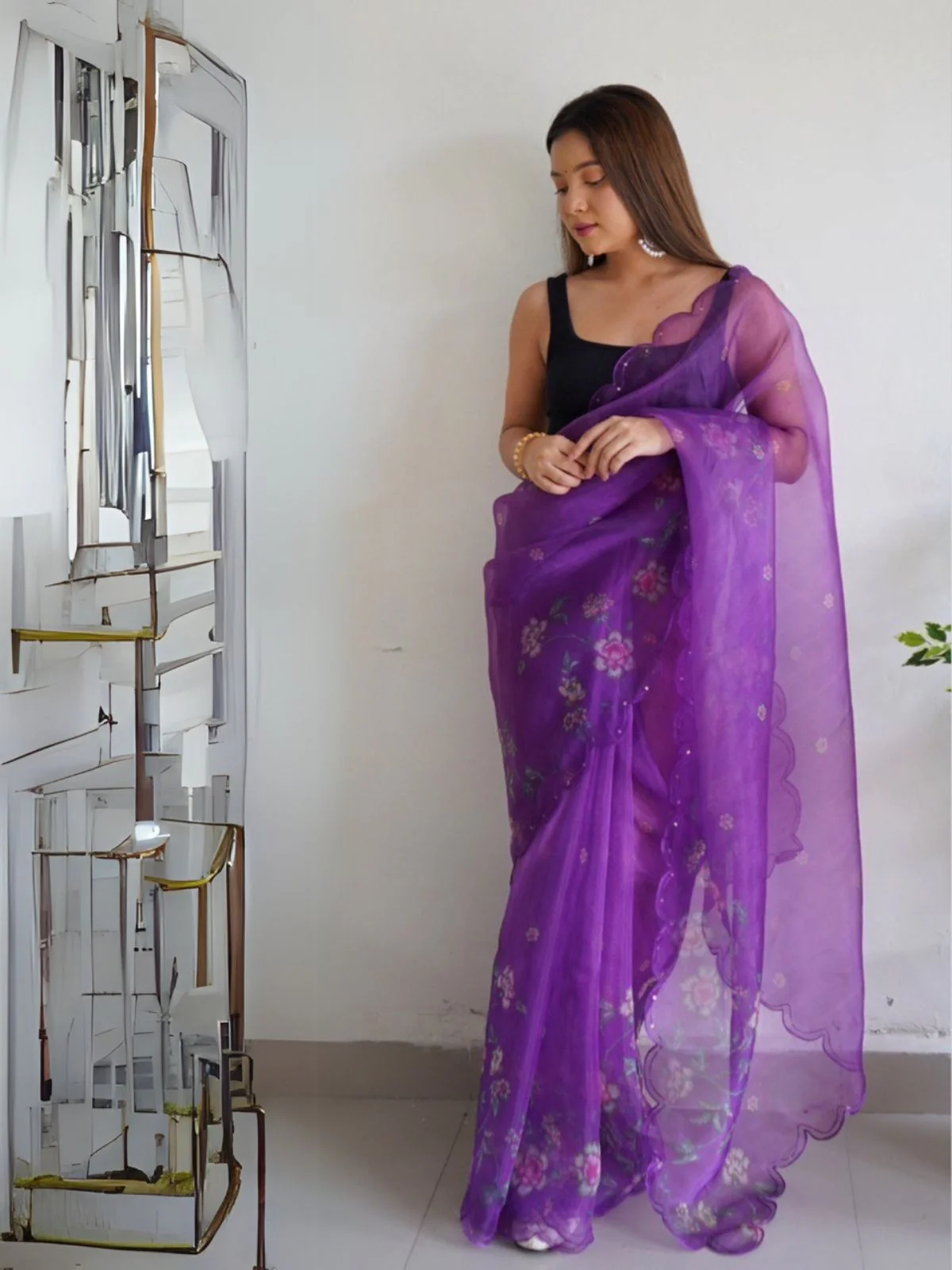 Odette Purple Organza Printed Saree With Unstitched Blouse For Women