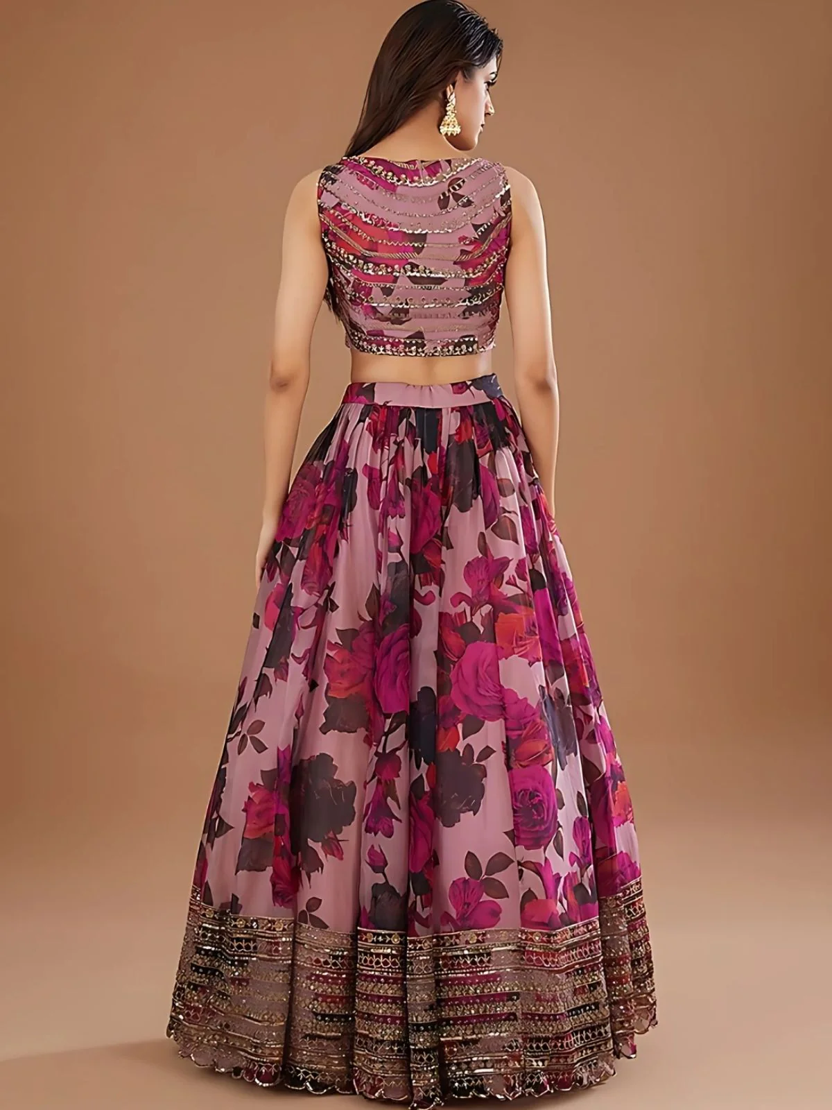 Odette Purple Organza Printed Semi-Stitched lehenga For Women - Image 2