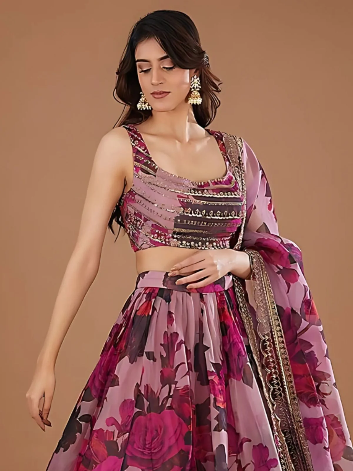 Odette Purple Organza Printed Semi-Stitched lehenga For Women - Image 3