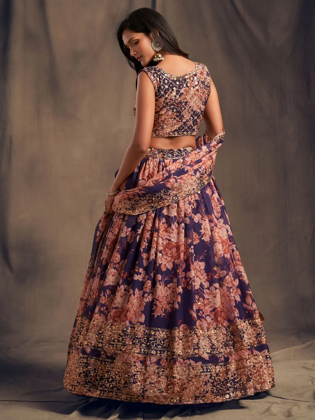 Odette Purple Organza Printed Semi Stitched Lehenga With Unstitched Blouse For Women - Image 4