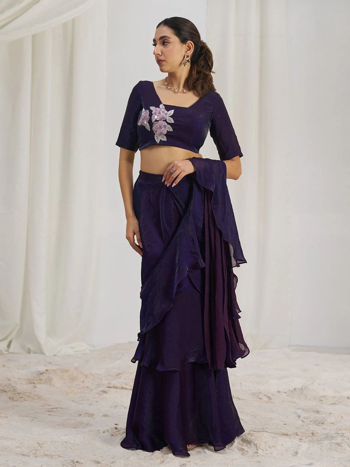 Odette Purple Organza Solid Ready To Wear Saree With Stitched Blouse For Women - Image 2