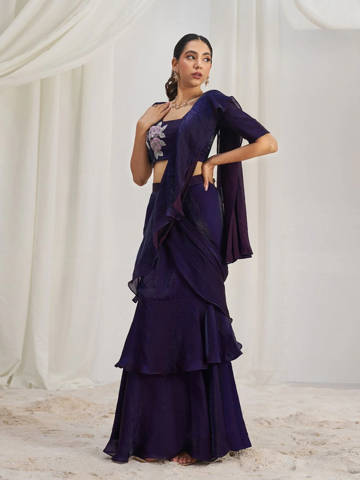 Odette Purple Organza Solid Ready To Wear Saree With Stitched Blouse For Women - Image 3