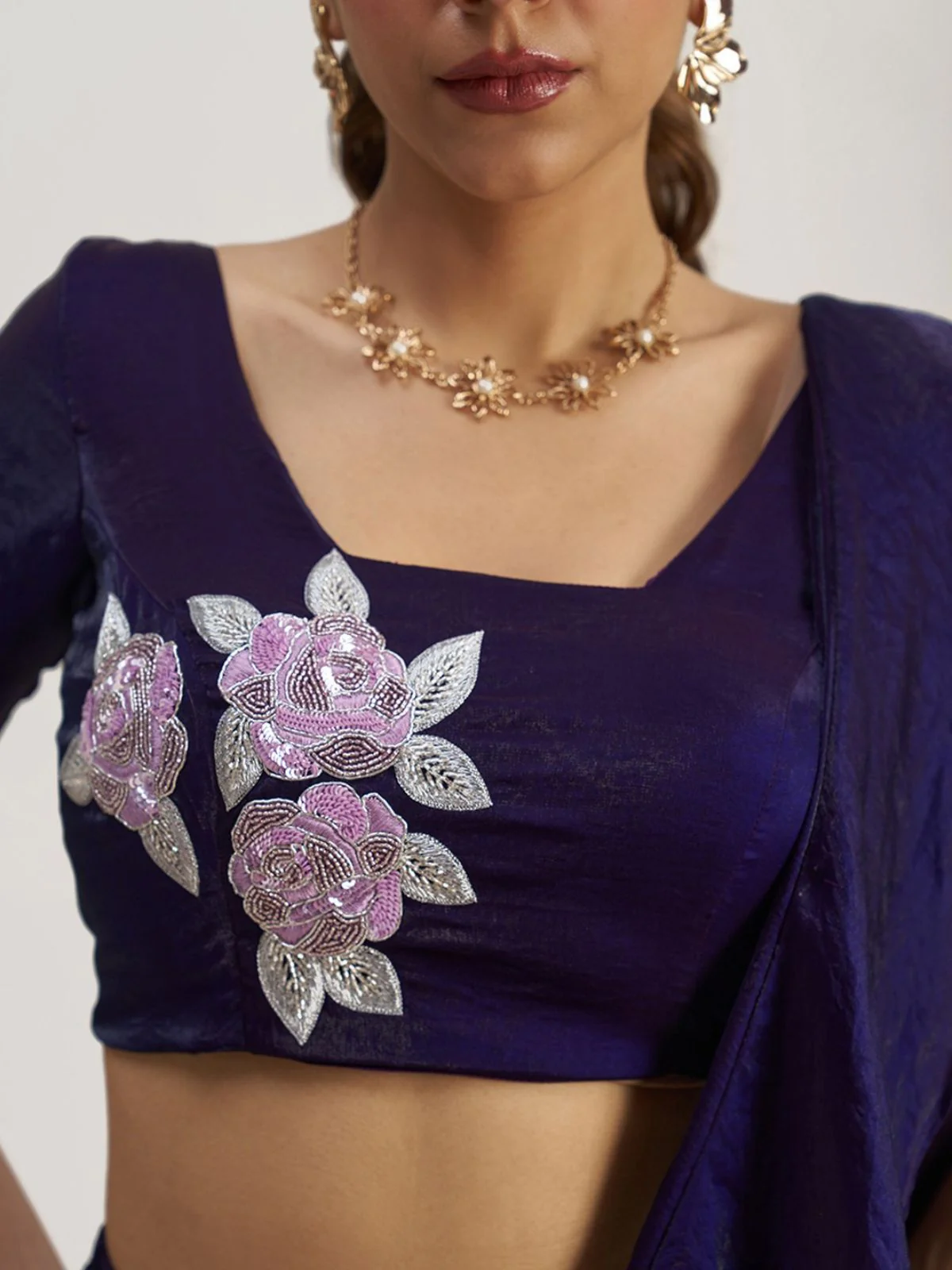 Odette Purple Organza Solid Ready To Wear Saree With Stitched Blouse For Women - Image 7