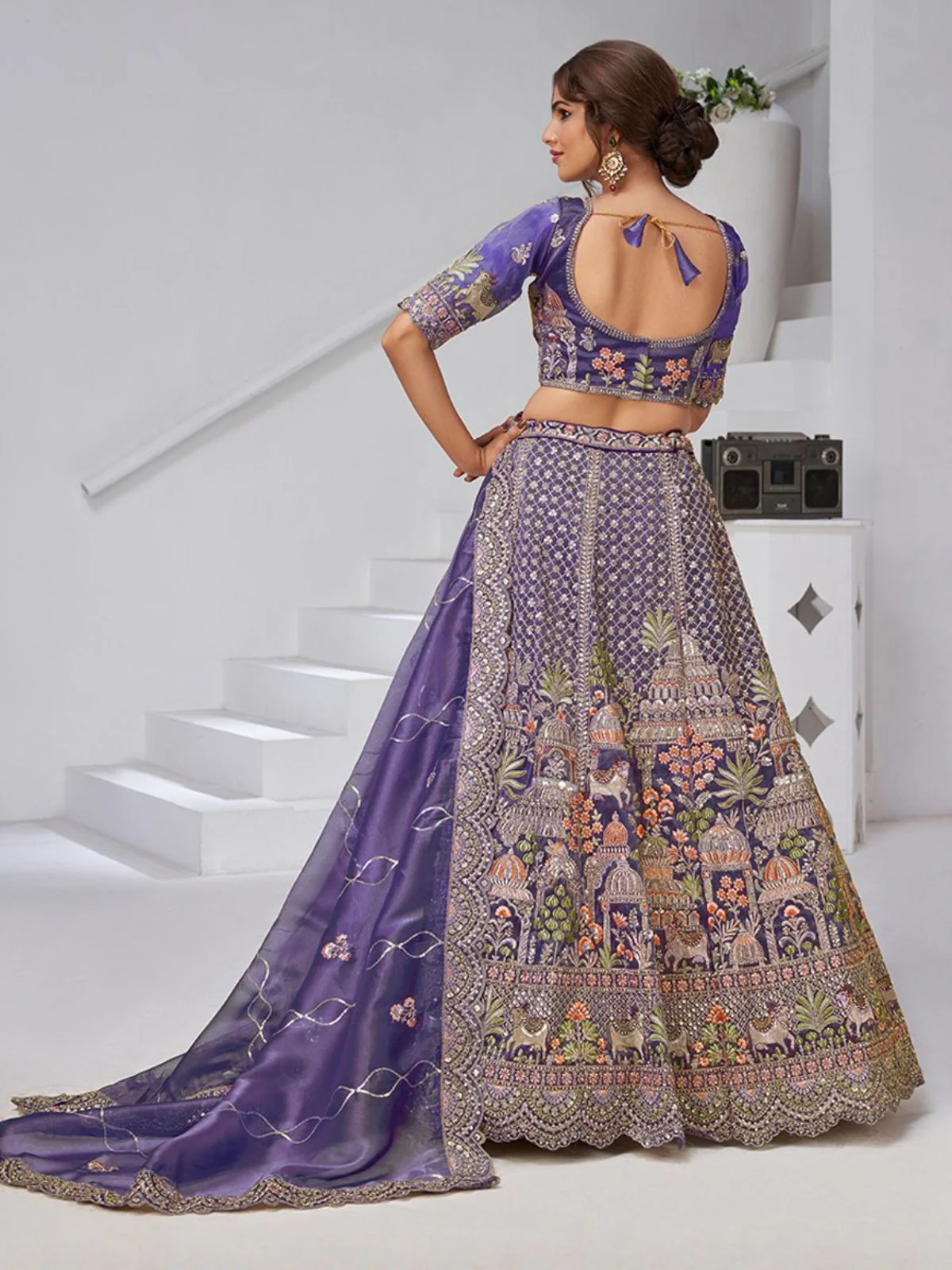 Odette Purple Organza Tissue Embroidered Semi-Stitched Lehenga For Women - Image 2