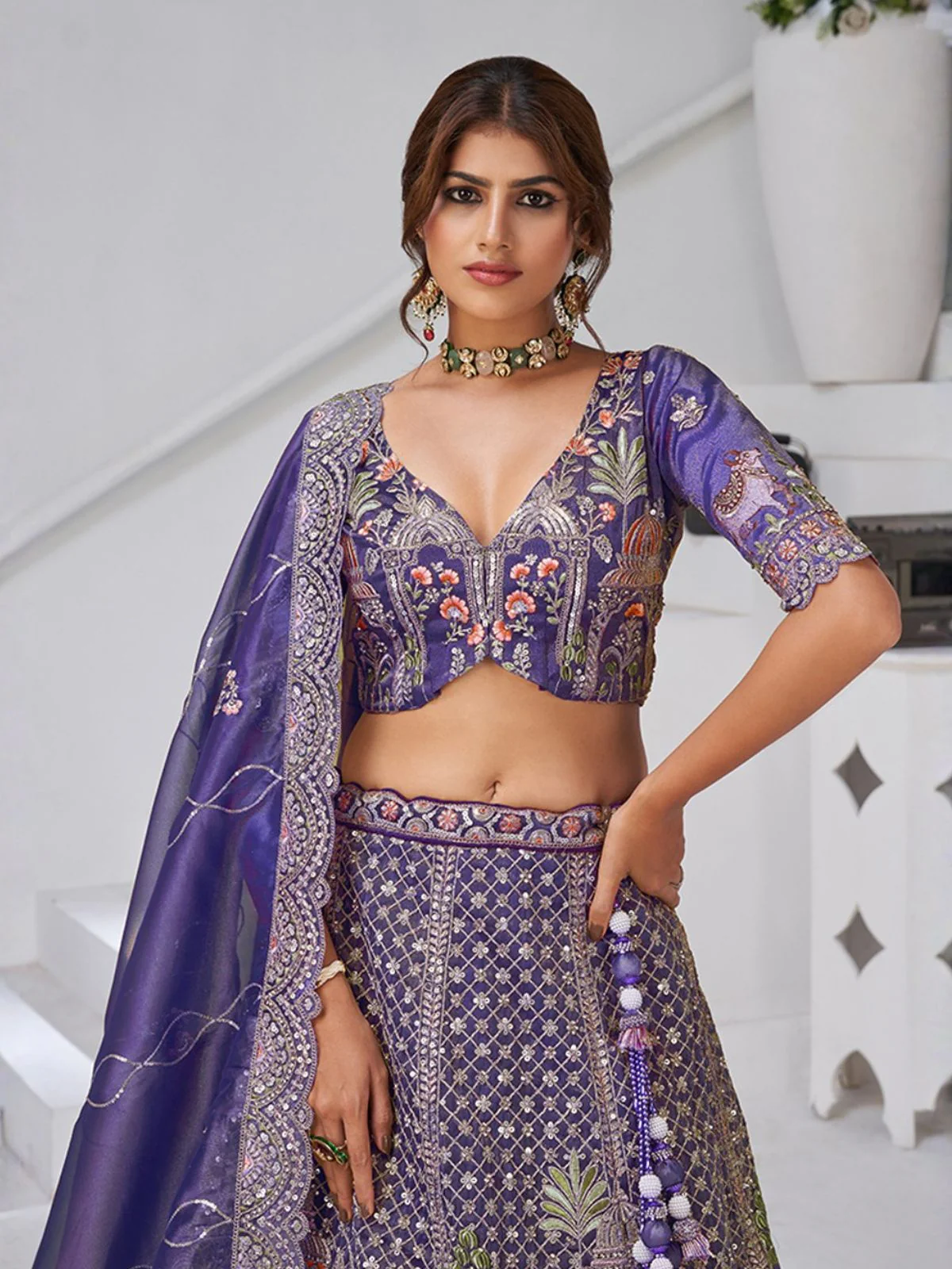 Odette Purple Organza Tissue Embroidered Semi-Stitched Lehenga For Women - Image 3