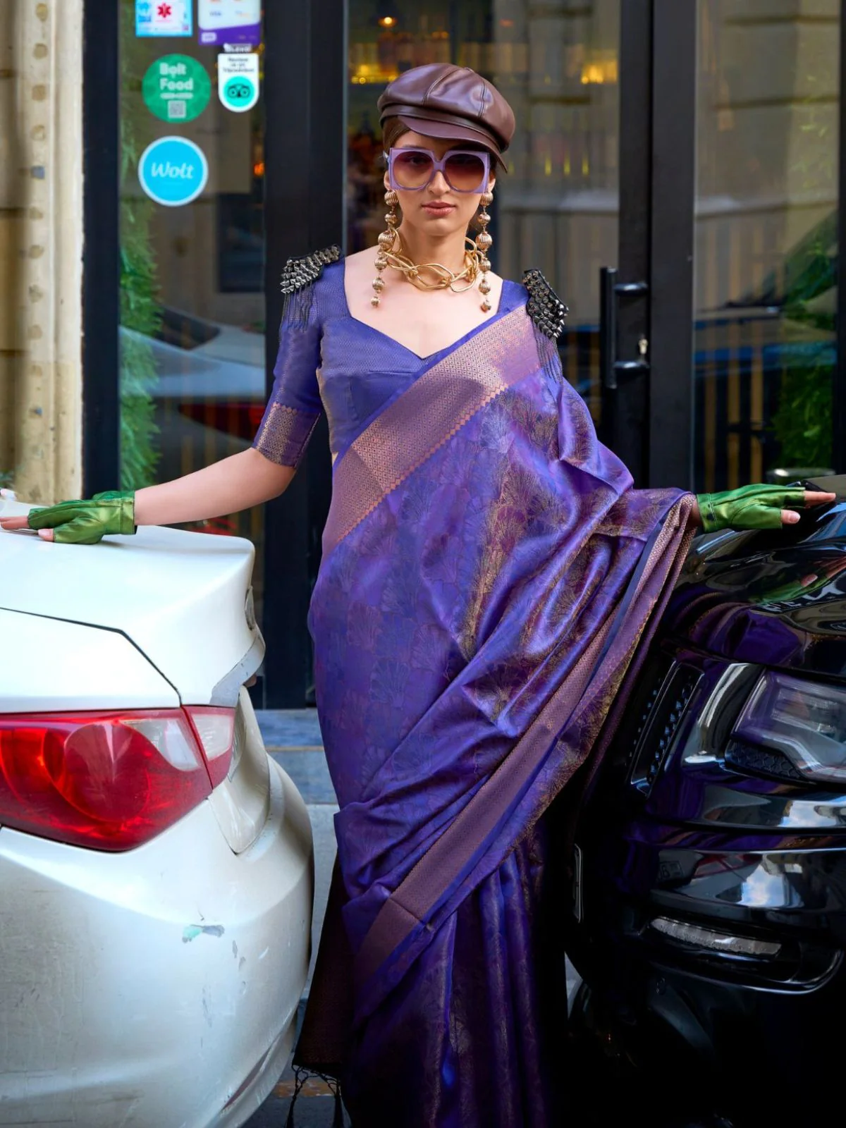 Odette Purple Organza Woven Saree With Unstitched Blouse For Women - Image 2
