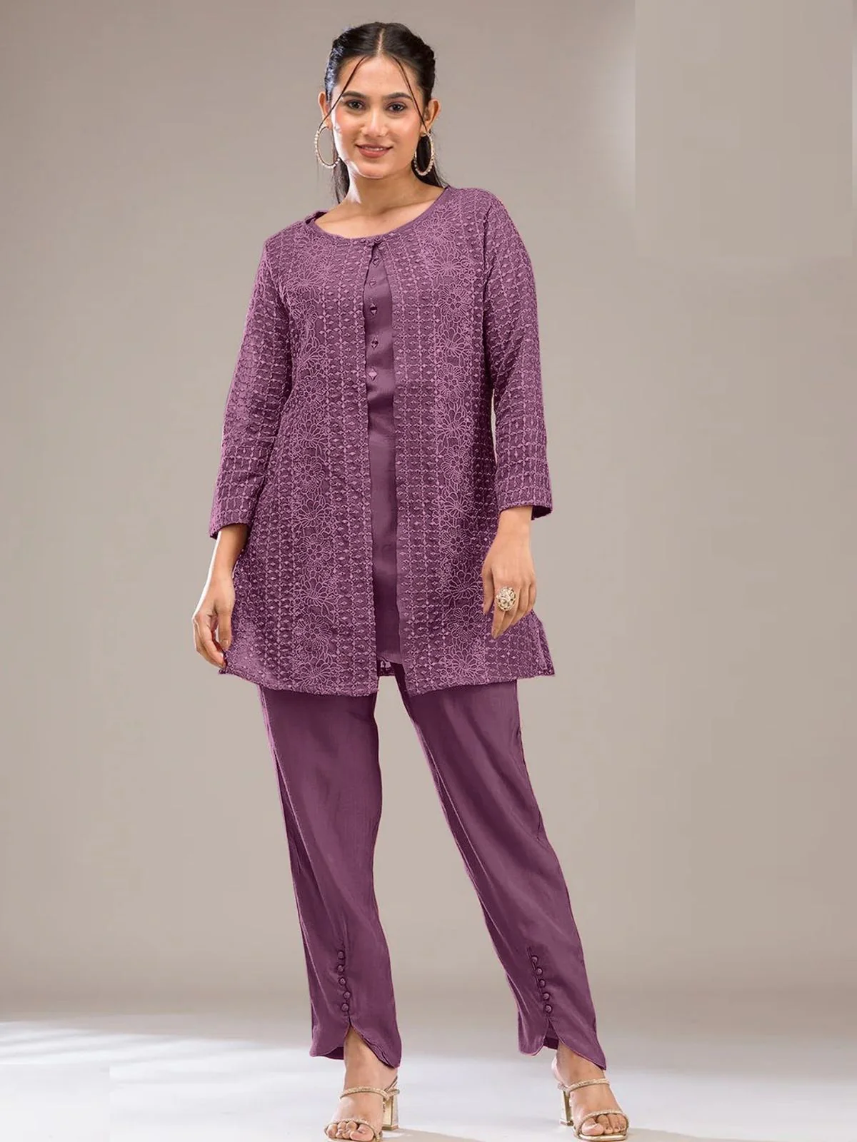 Odette Purple Poly Crepe Solid Semi Stitched Kurta Set For Women