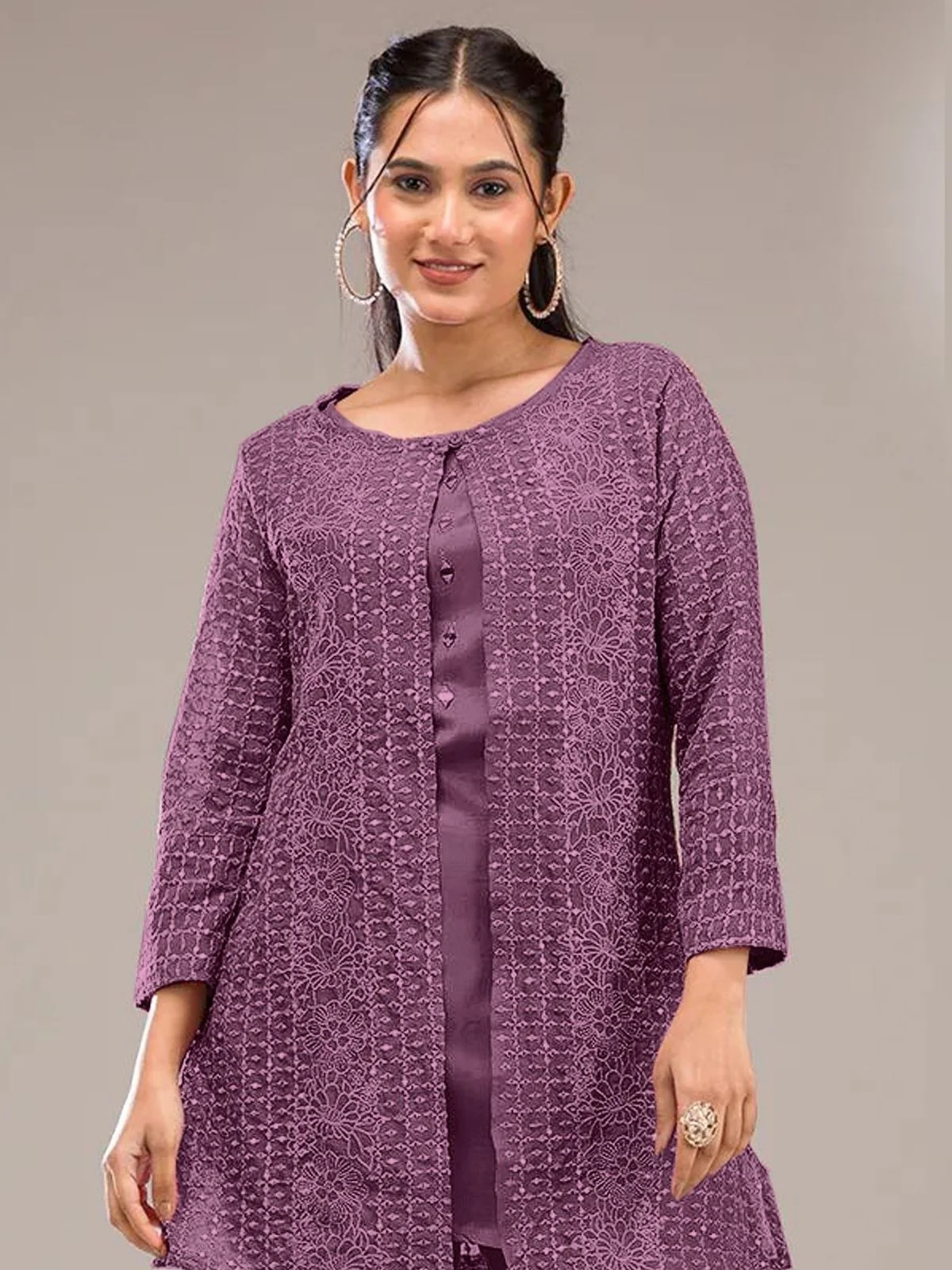 Odette Purple Poly Crepe Solid Semi Stitched Kurta Set For Women - Image 2