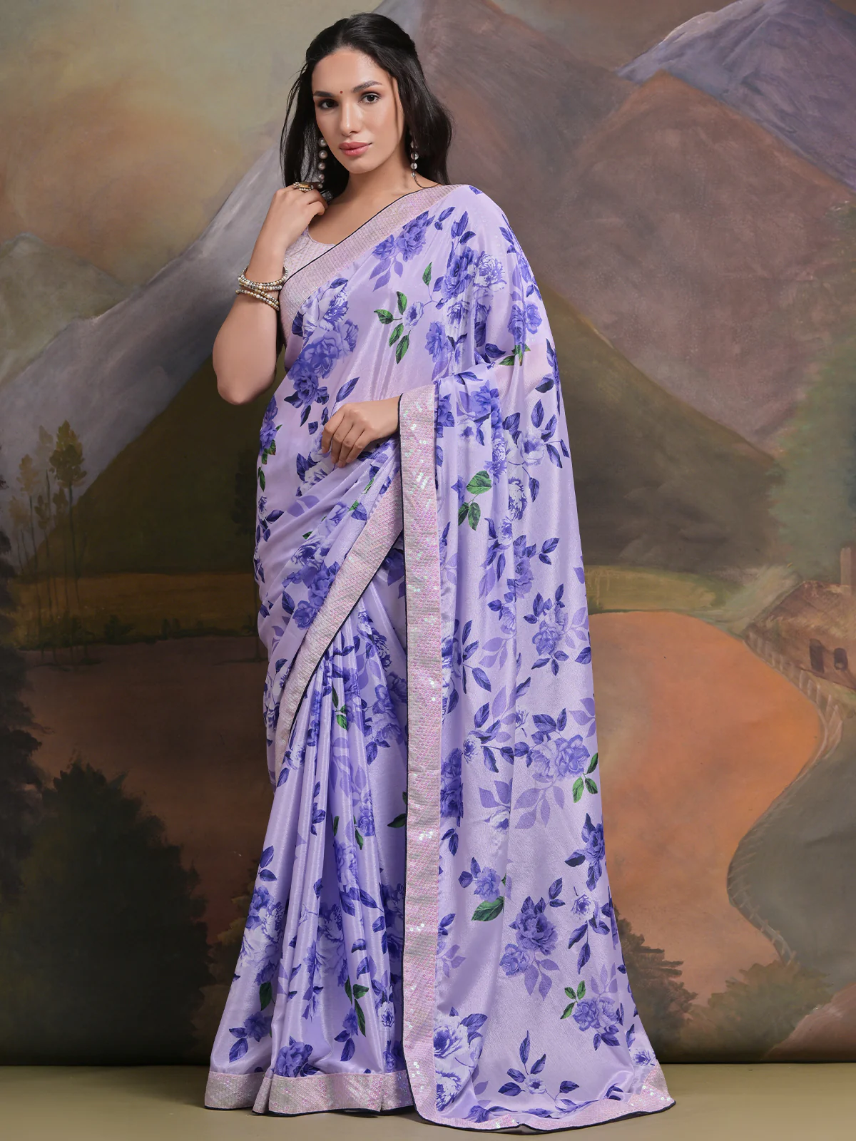 Odette Purple Printed Chiffon Saree With Unstitched Blouse For Women - Image 2