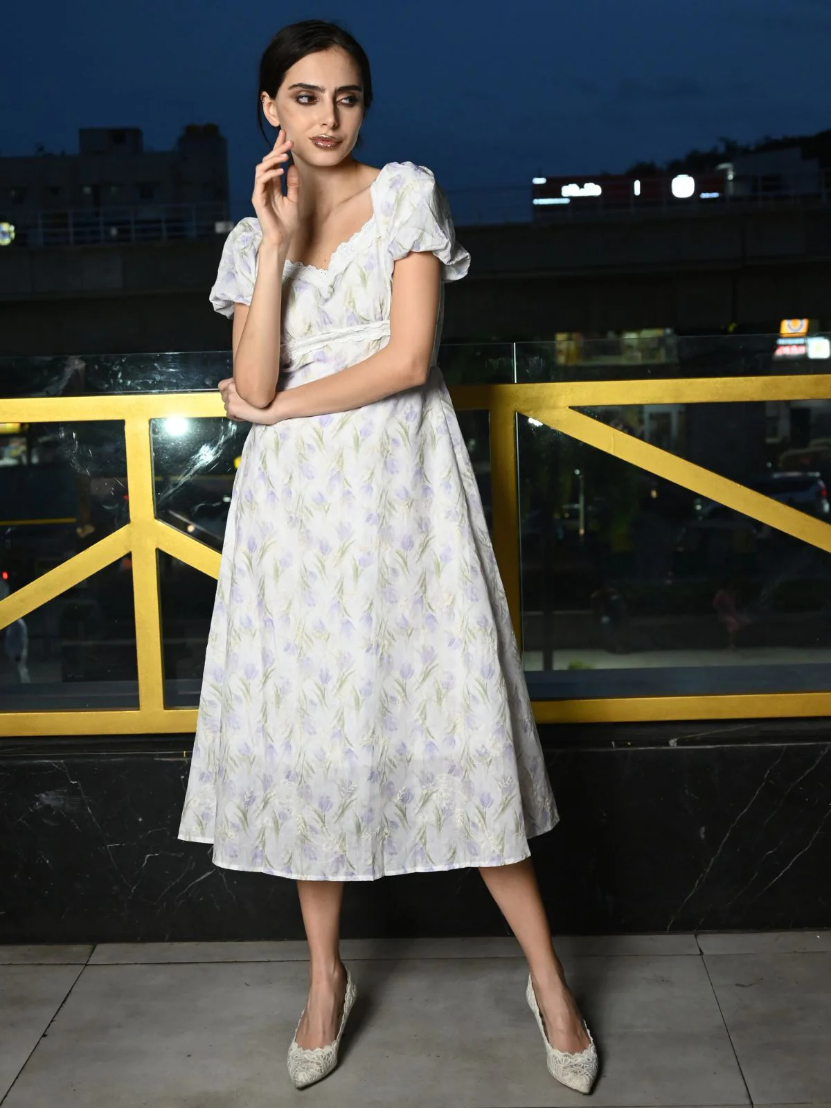 Odette Purple Printed Cotton Dress for Women - Image 3