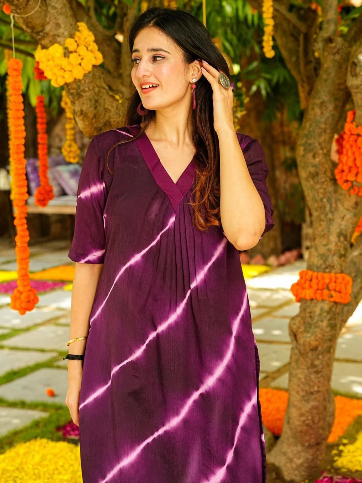 Odette Purple Printed Cotton Stitched Kurta Set For Women - Image 3