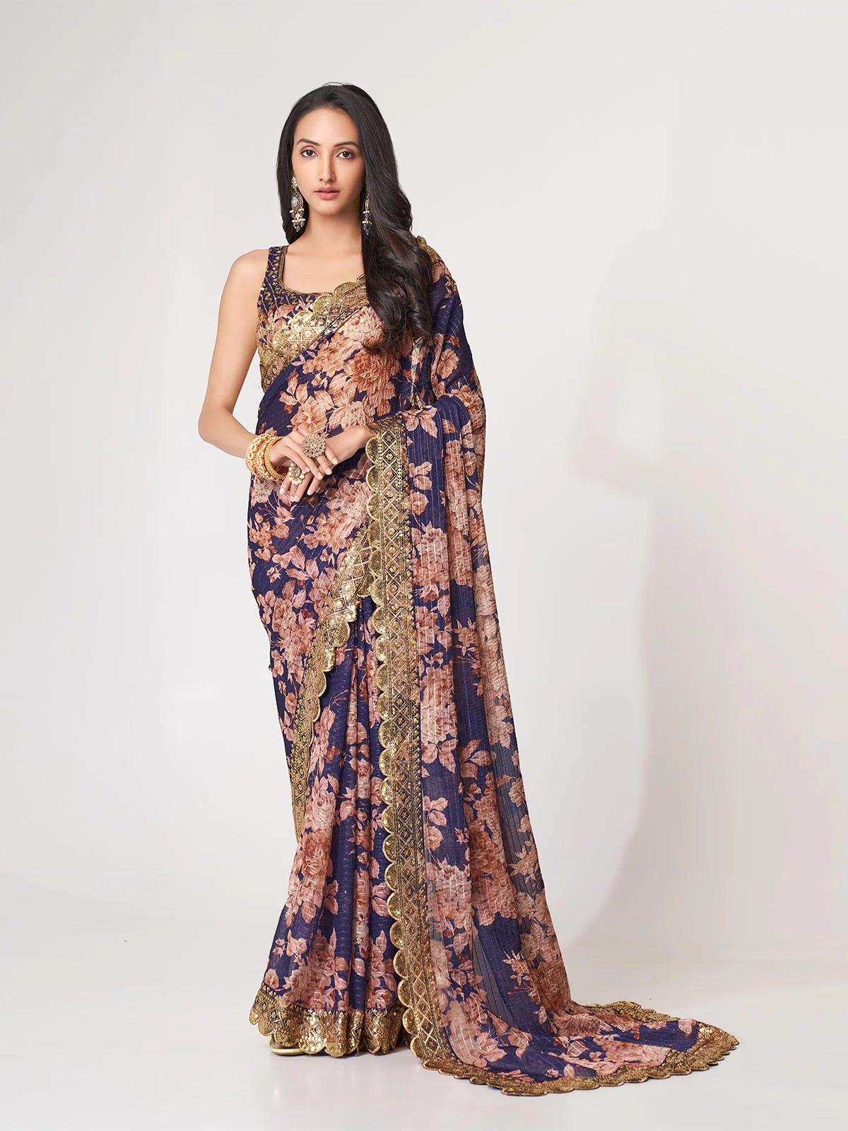 Odette Purple Printed Organza Saree With Unstitched Blouse For Women
