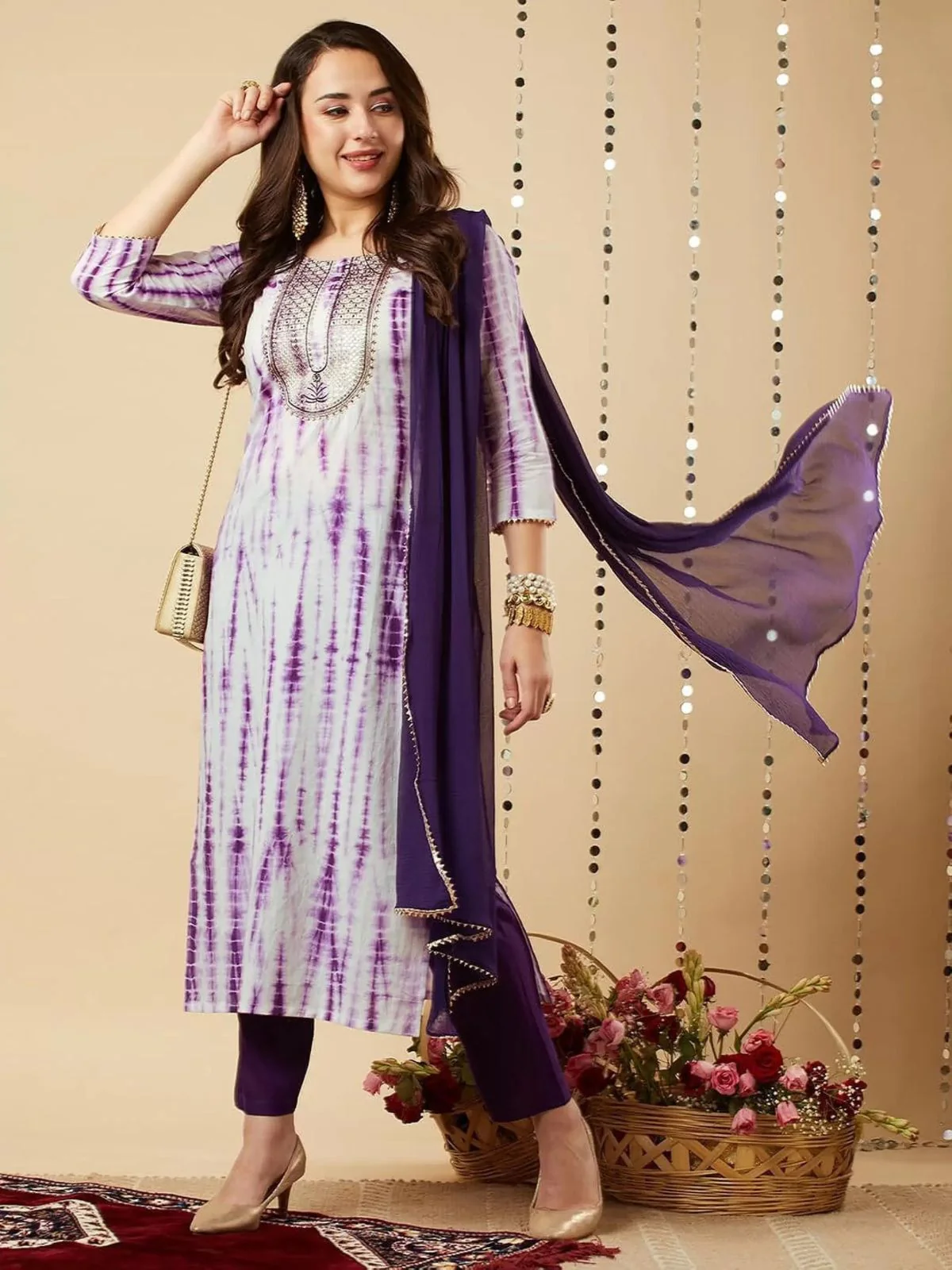 Odette Purple Printed Viscose Stitched Kurta Set For Women - Image 3