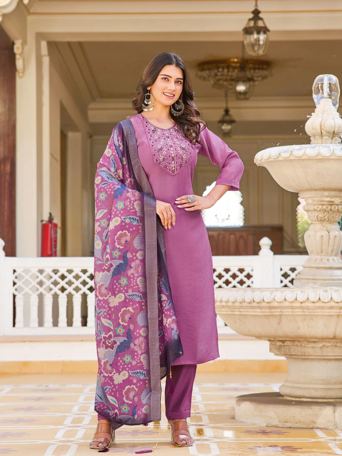 Odette Purple Rayon Embroidered Stitched Kurta Set For Women
