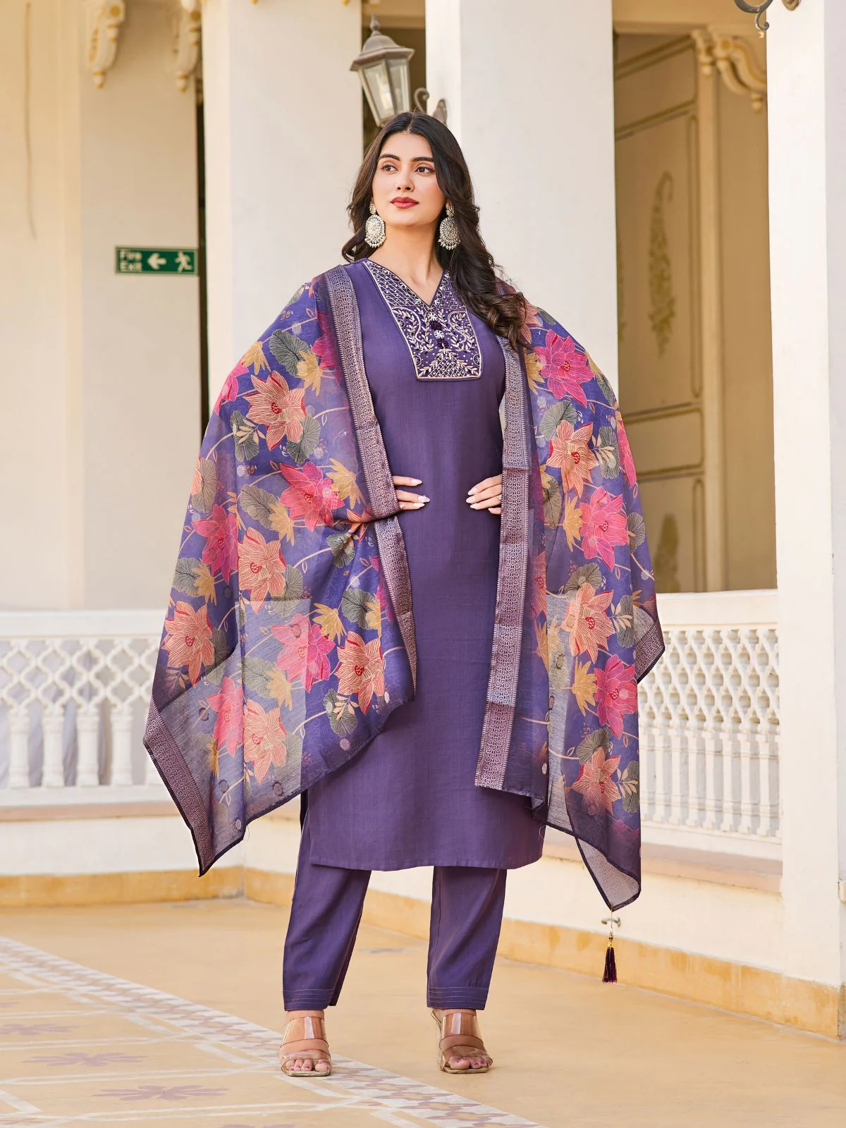 Odette Purple Rayon Embroidered Stitched Kurta Set For Women - Image 2