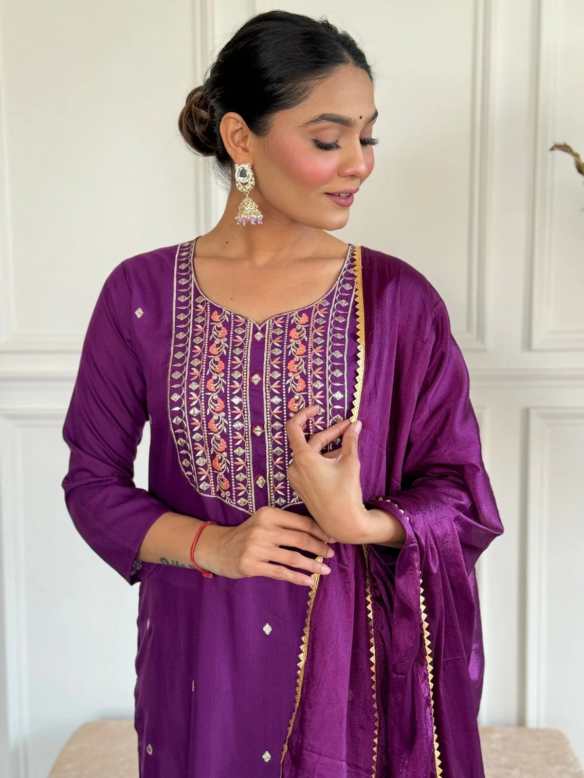 Odette Purple Rayon Embroidered Stitched Kurta Set For Women - Image 4