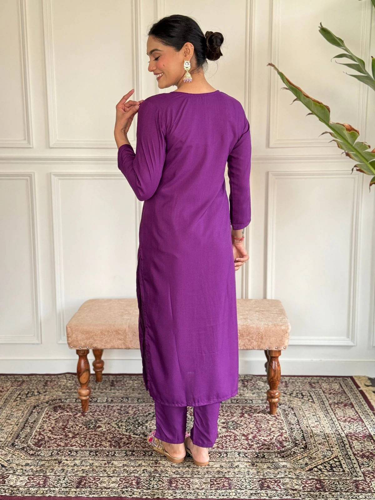 Odette Purple Rayon Embroidered Stitched Kurta Set For Women - Image 6