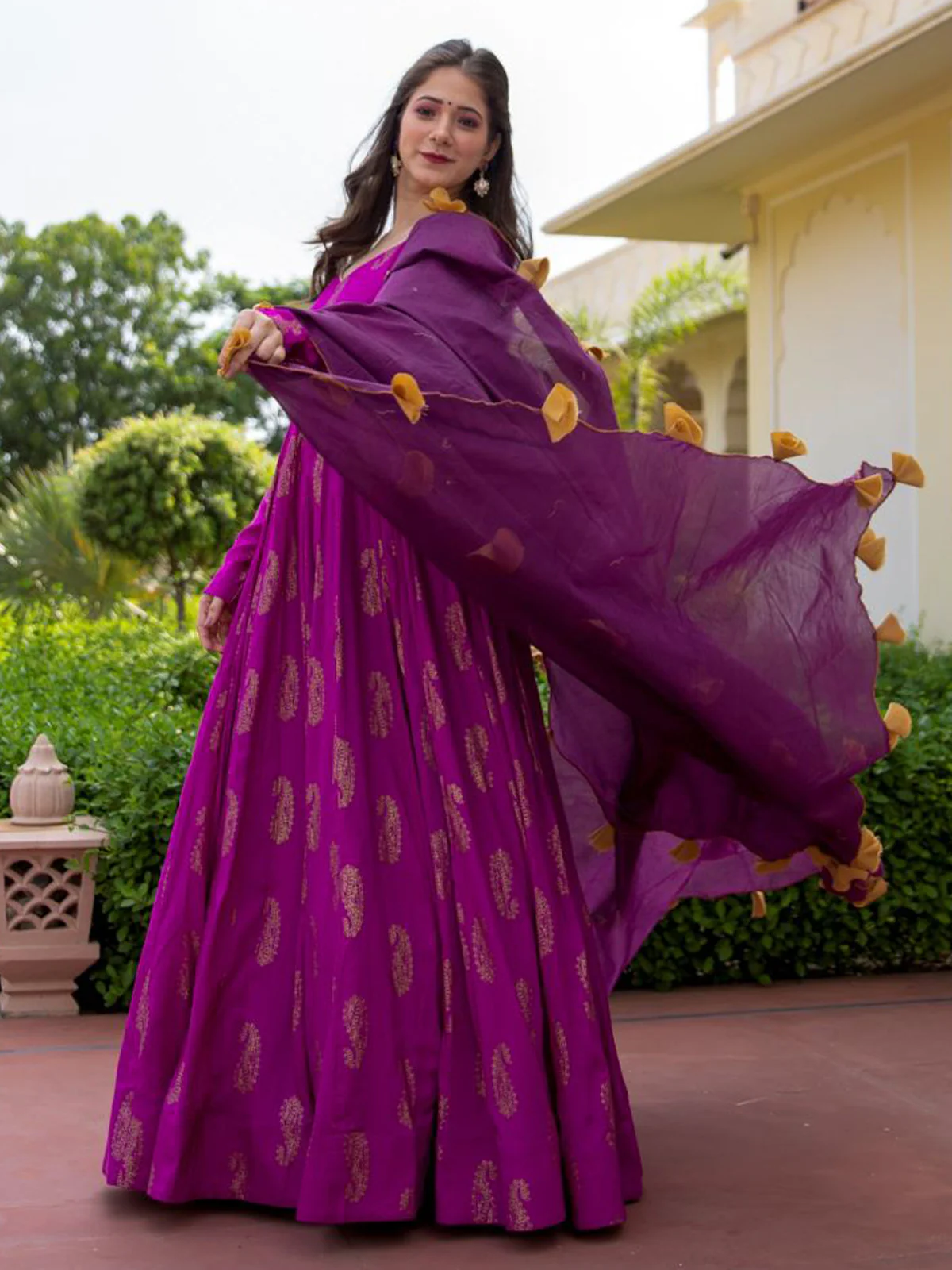 Odette Purple Rayon Gold Foil Work Gown with Dupatta for Women - Image 3