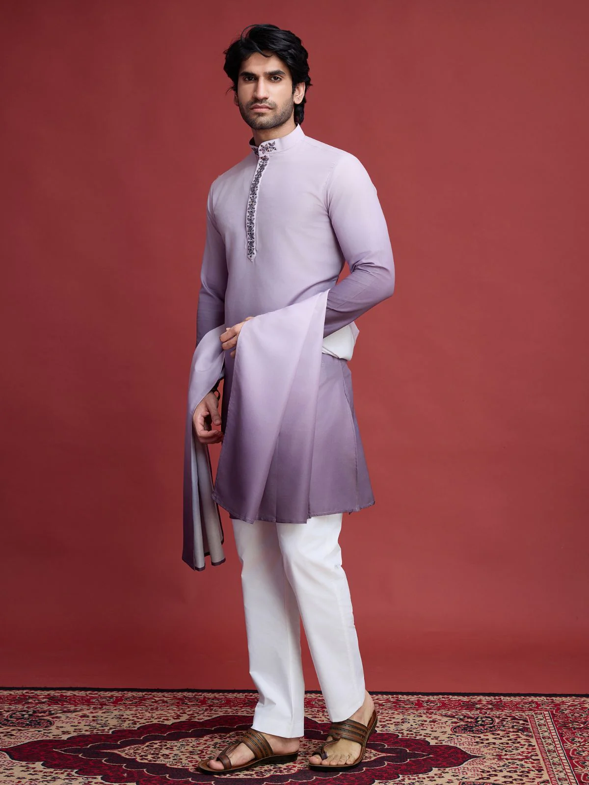 Odette Purple Rayon Mirror Work Stitched Kurta With Dupatta For Men - Image 2