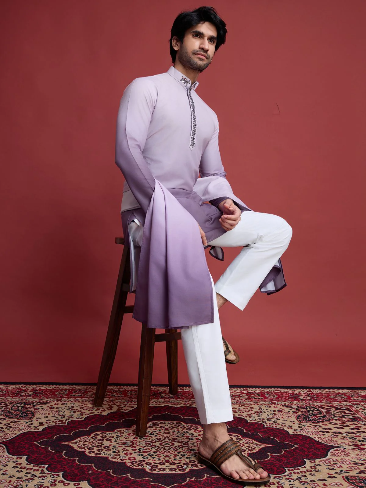 Odette Purple Rayon Mirror Work Stitched Kurta With Dupatta For Men - Image 4