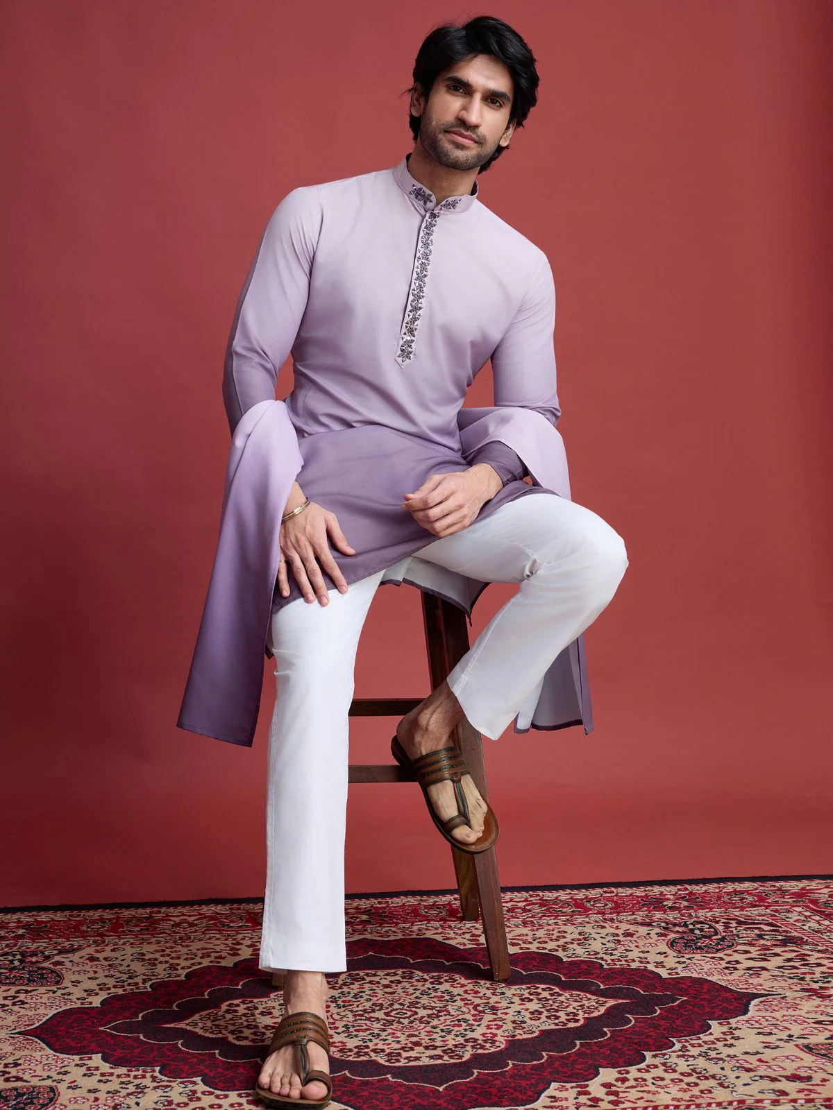 Odette Purple Rayon Mirror Work Stitched Kurta With Dupatta For Men - Image 5