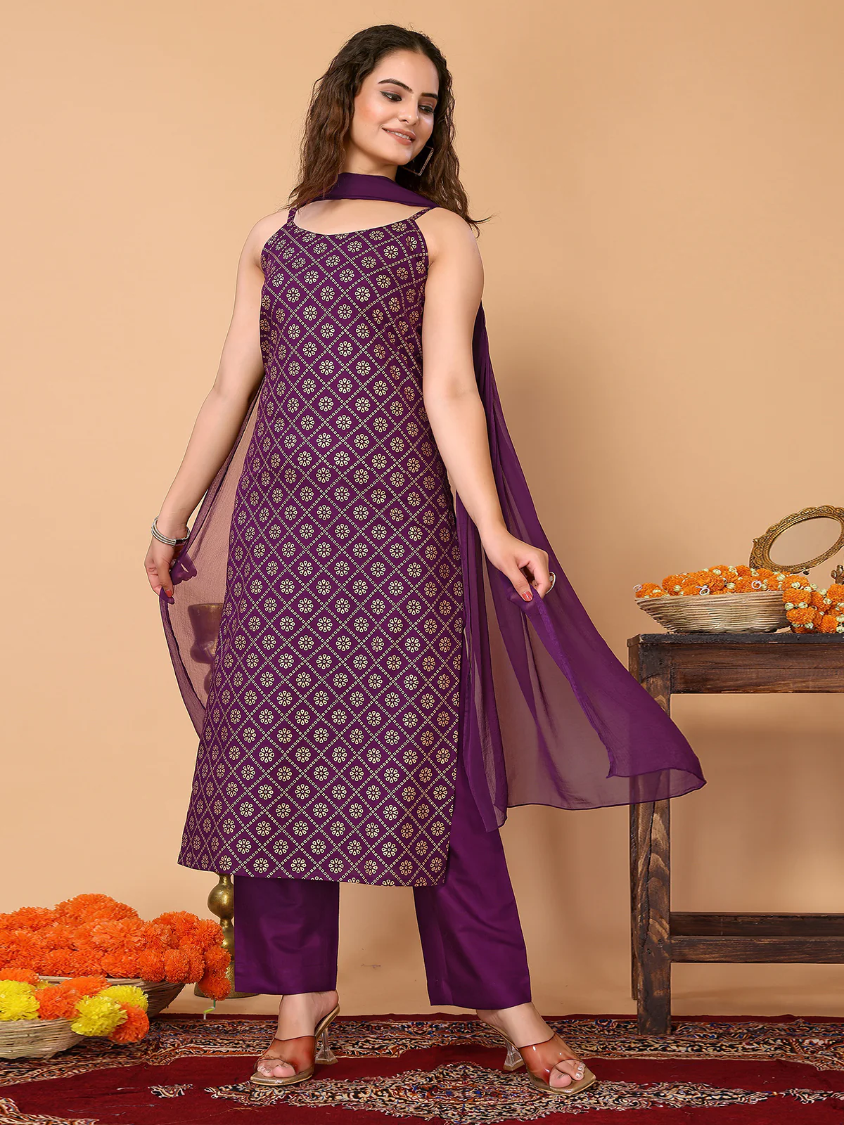 Odette Purple Rayon Printed Stitched Kurta Set For Women - Image 2