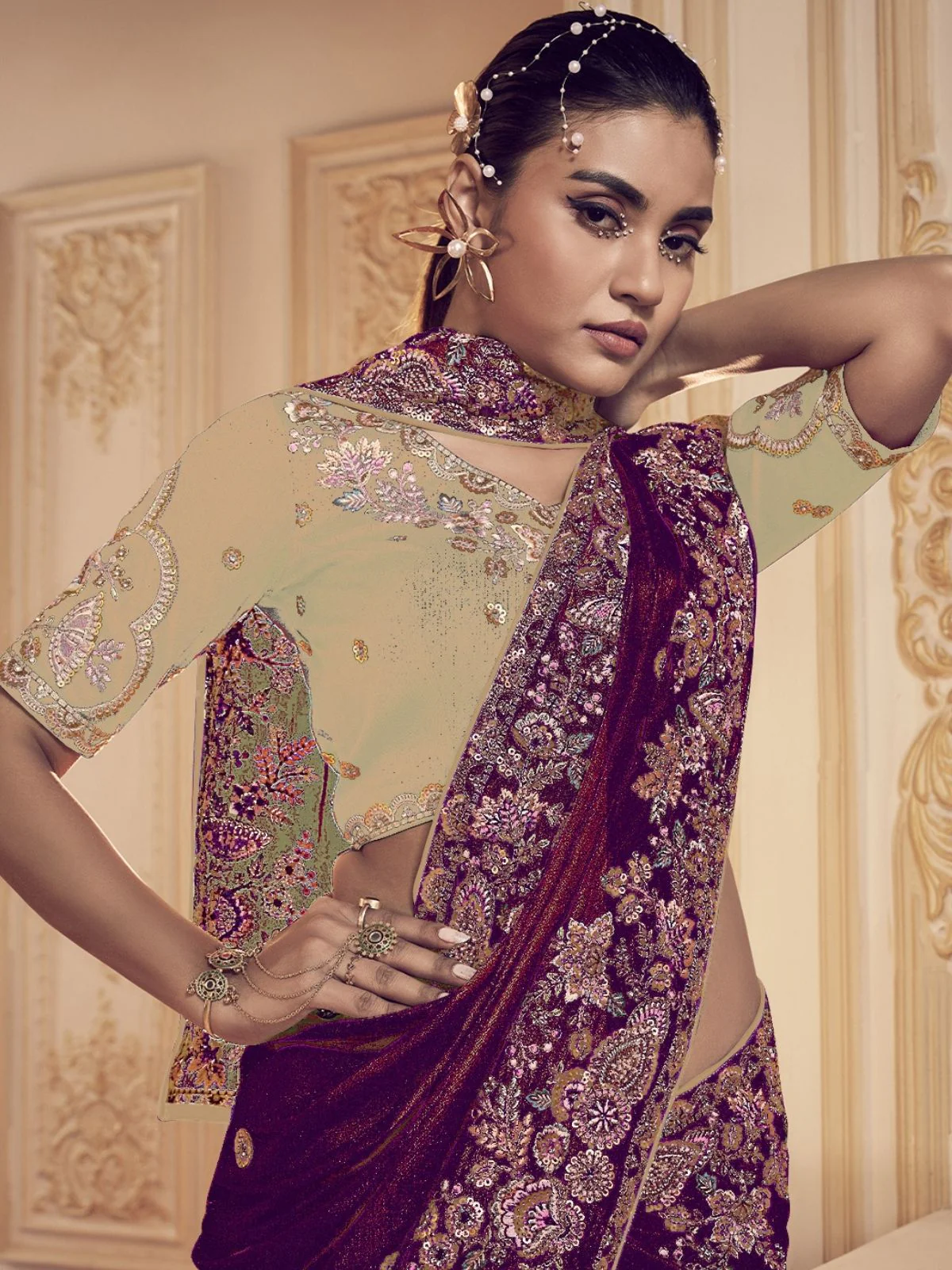 Odette Purple Satin Embroidered Elegant Saree For Women - Image 2