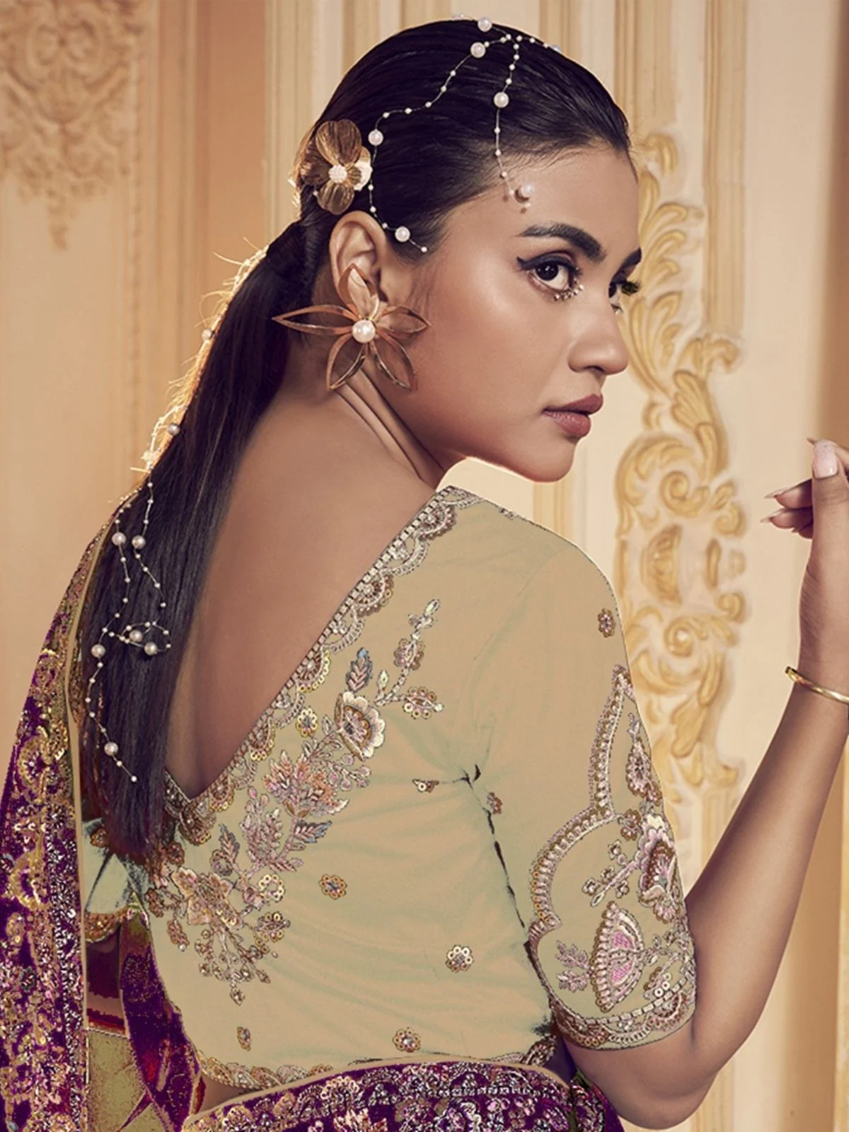 Odette Purple Satin Embroidered Elegant Saree For Women - Image 3